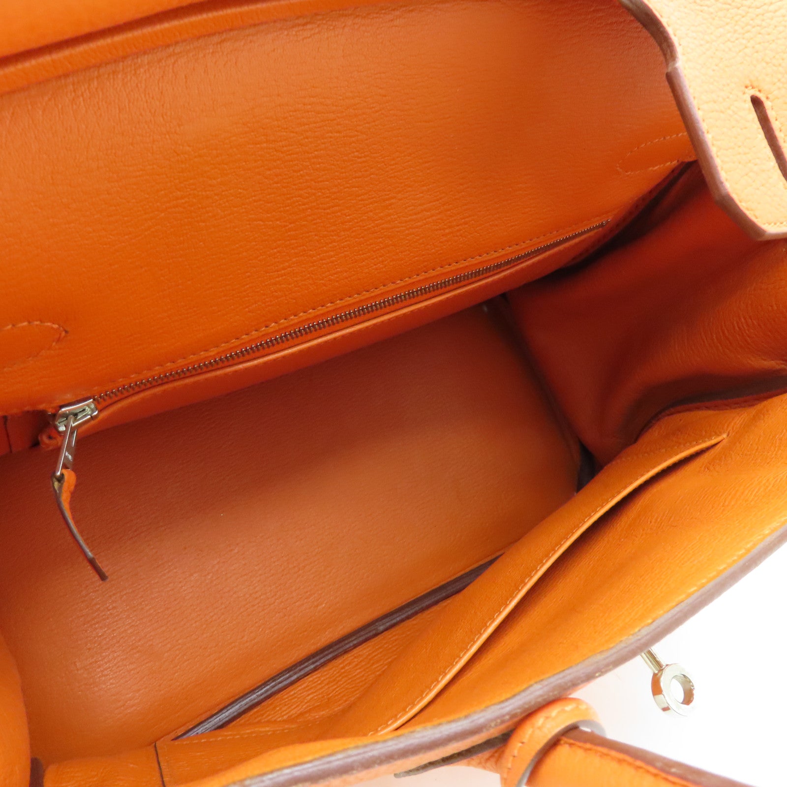 HERMES Clemence Leather Birkin 30 Silver Buckle Handle Bag Orange