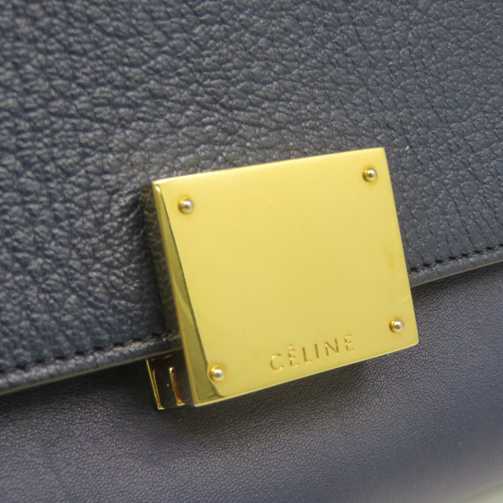 CELINE 牛皮皮革Trapeze金扣肩背袋深蓝色