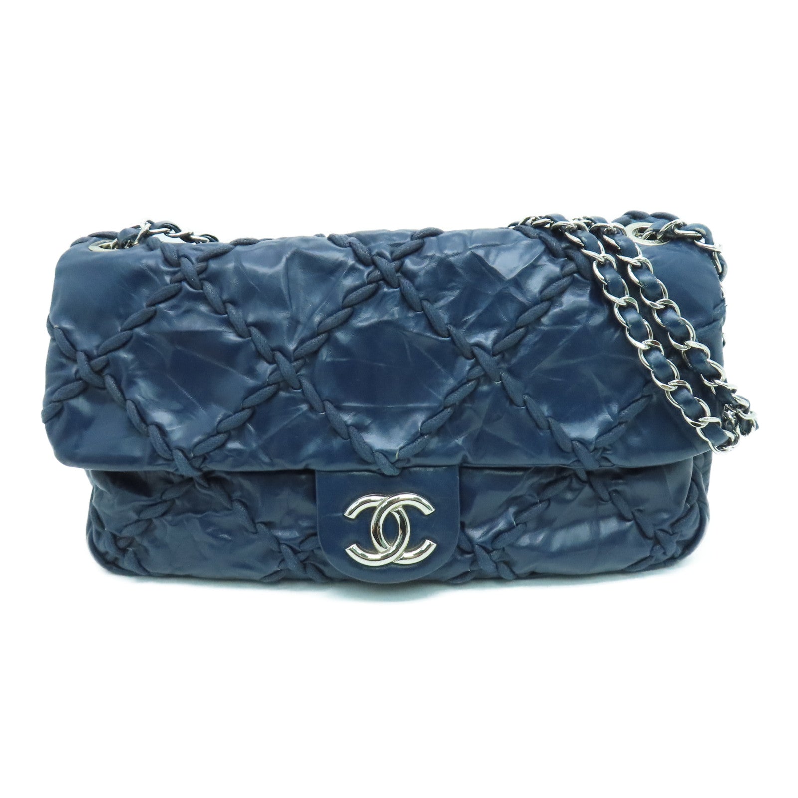 CHANEL 菱格牛皮皮革Ultra Stitch Flap Bag銀扣肩背袋藍色