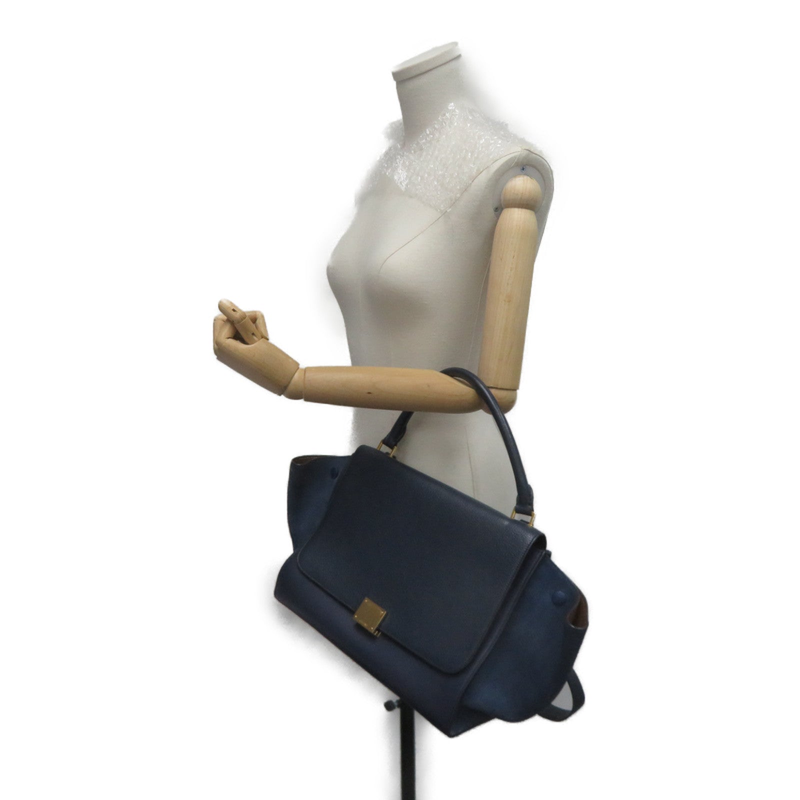 CELINE 牛皮皮革Trapeze金扣肩背袋深蓝色