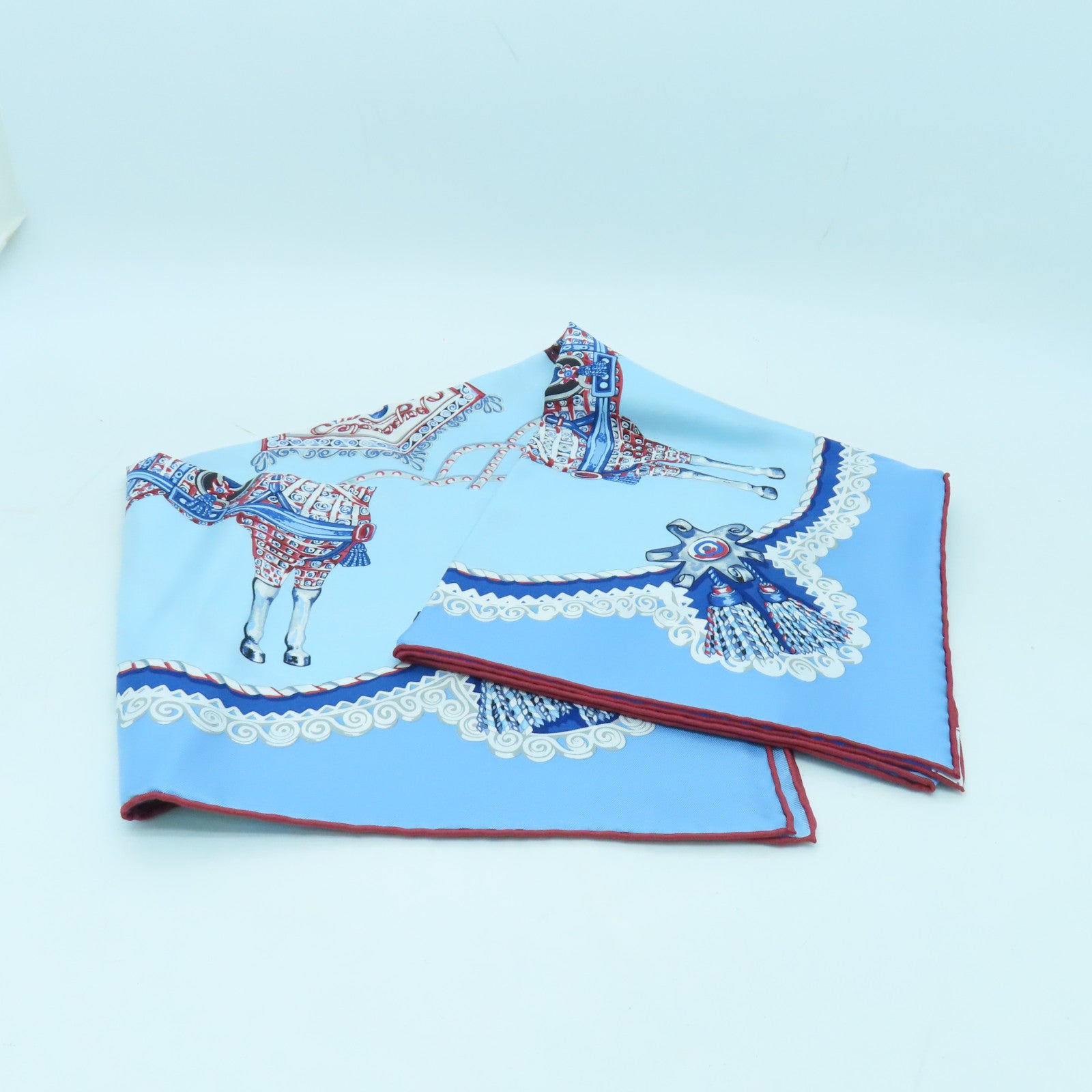 HERMES 絲質Scarf絲巾淺藍色/白色/紅色