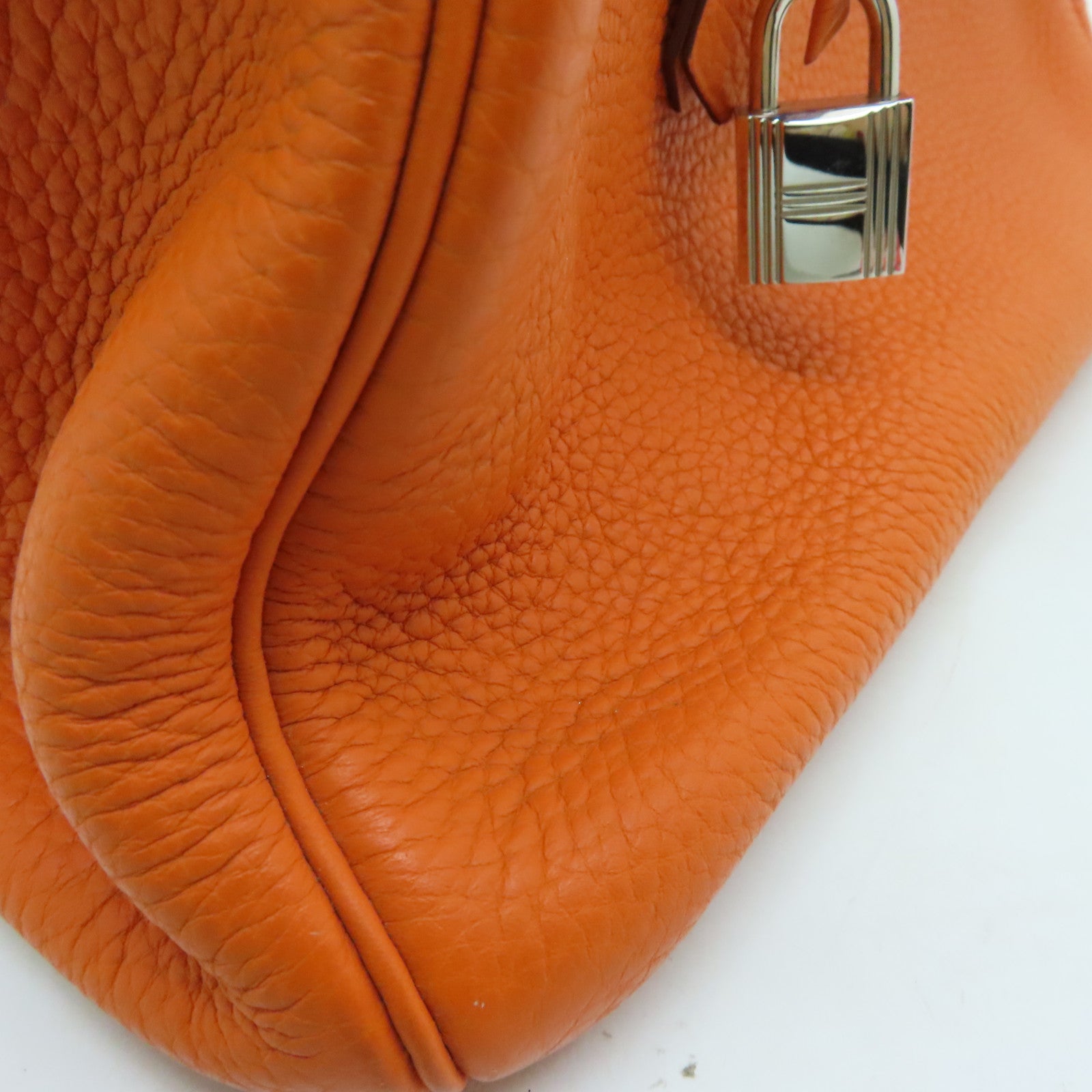 HERMES Clemence Leather Birkin 30 Silver Buckle Handle Bag Orange