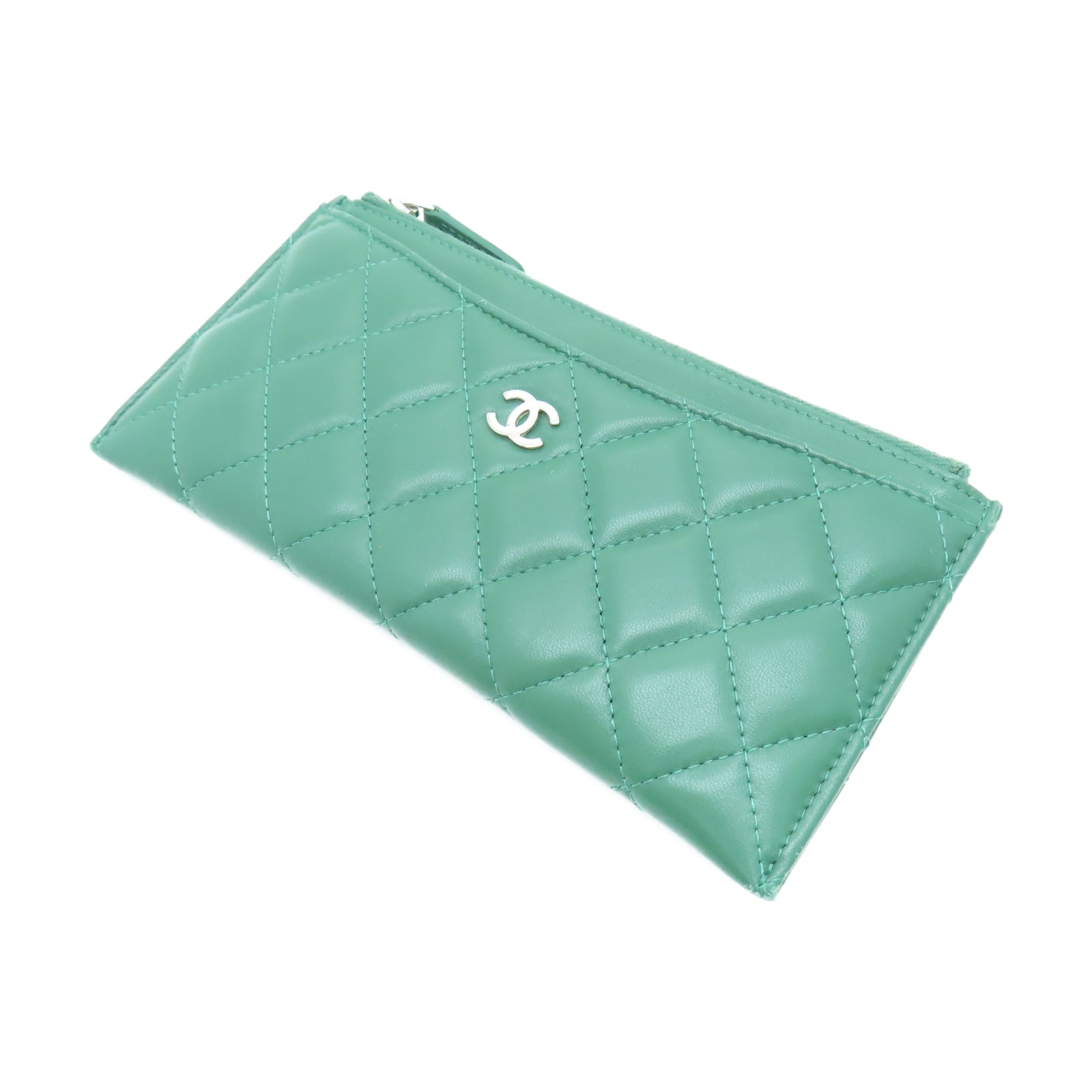 CHANEL 菱格羊皮皮革Wallet银扣长钱包绿色