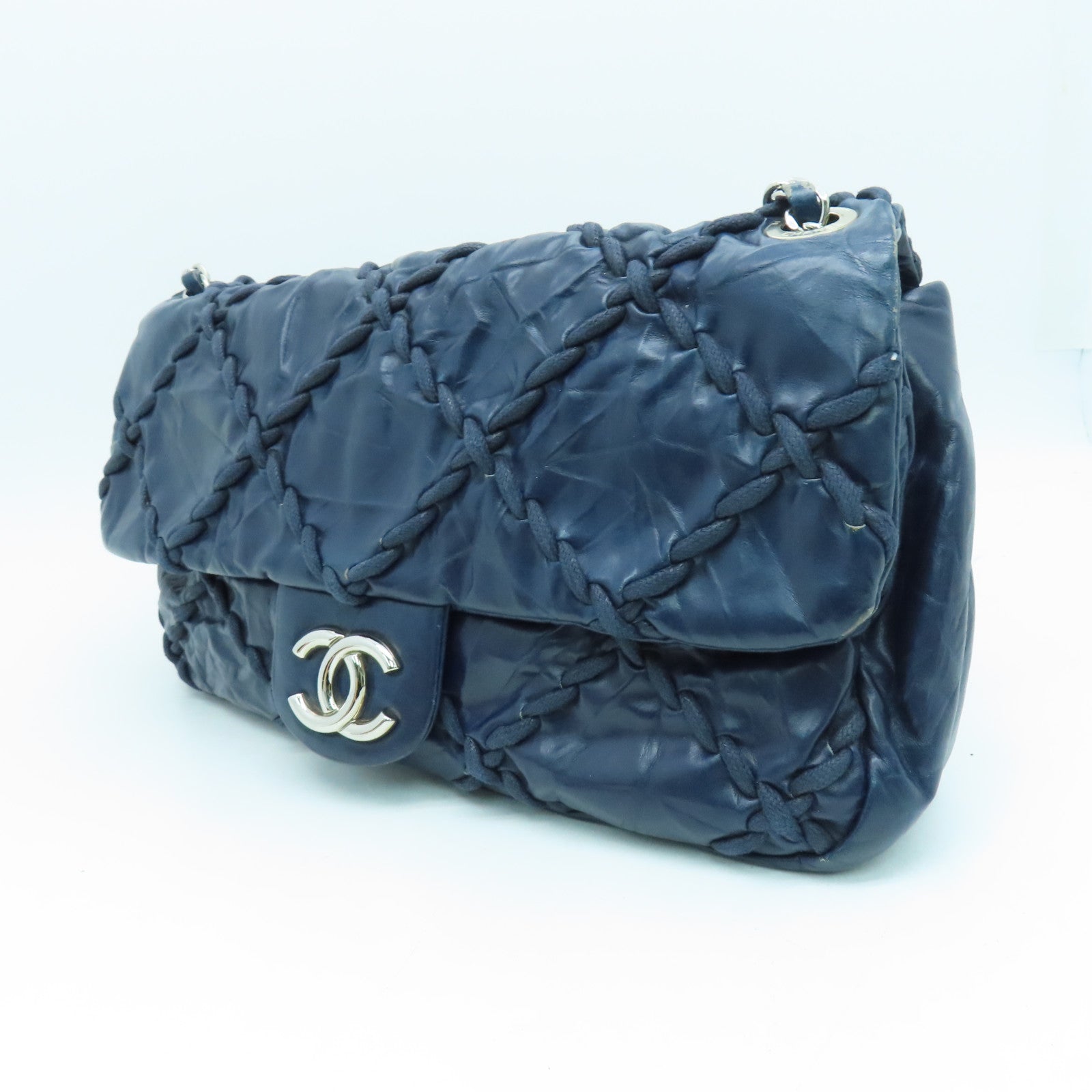 CHANEL 菱格牛皮皮革Ultra Stitch Flap Bag銀扣肩背袋藍色