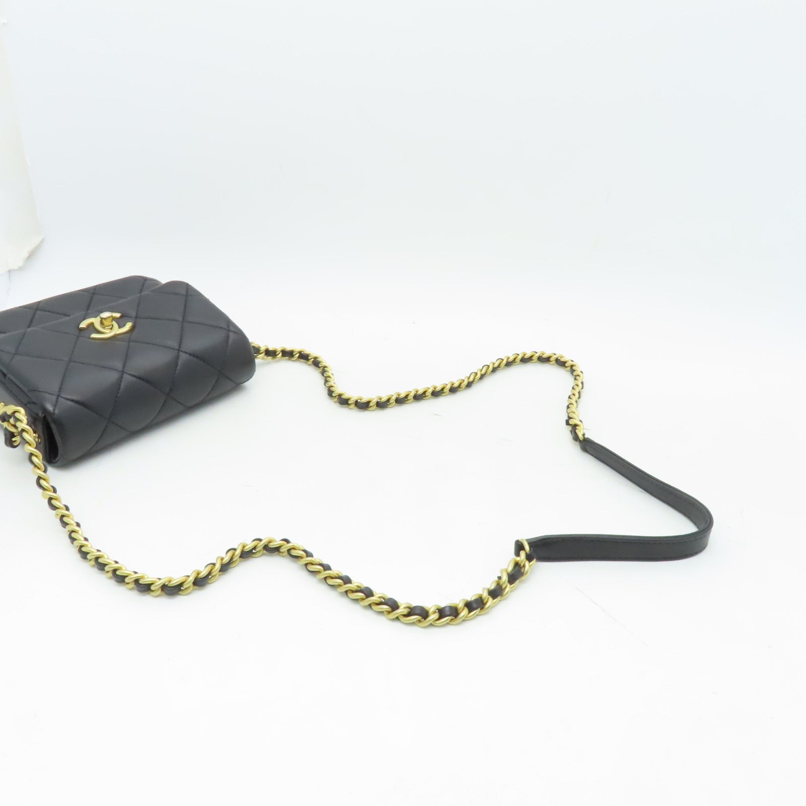 CHANEL 菱格羊皮皮革Chain Shoulder Bag金扣鏈帶肩背袋黒色