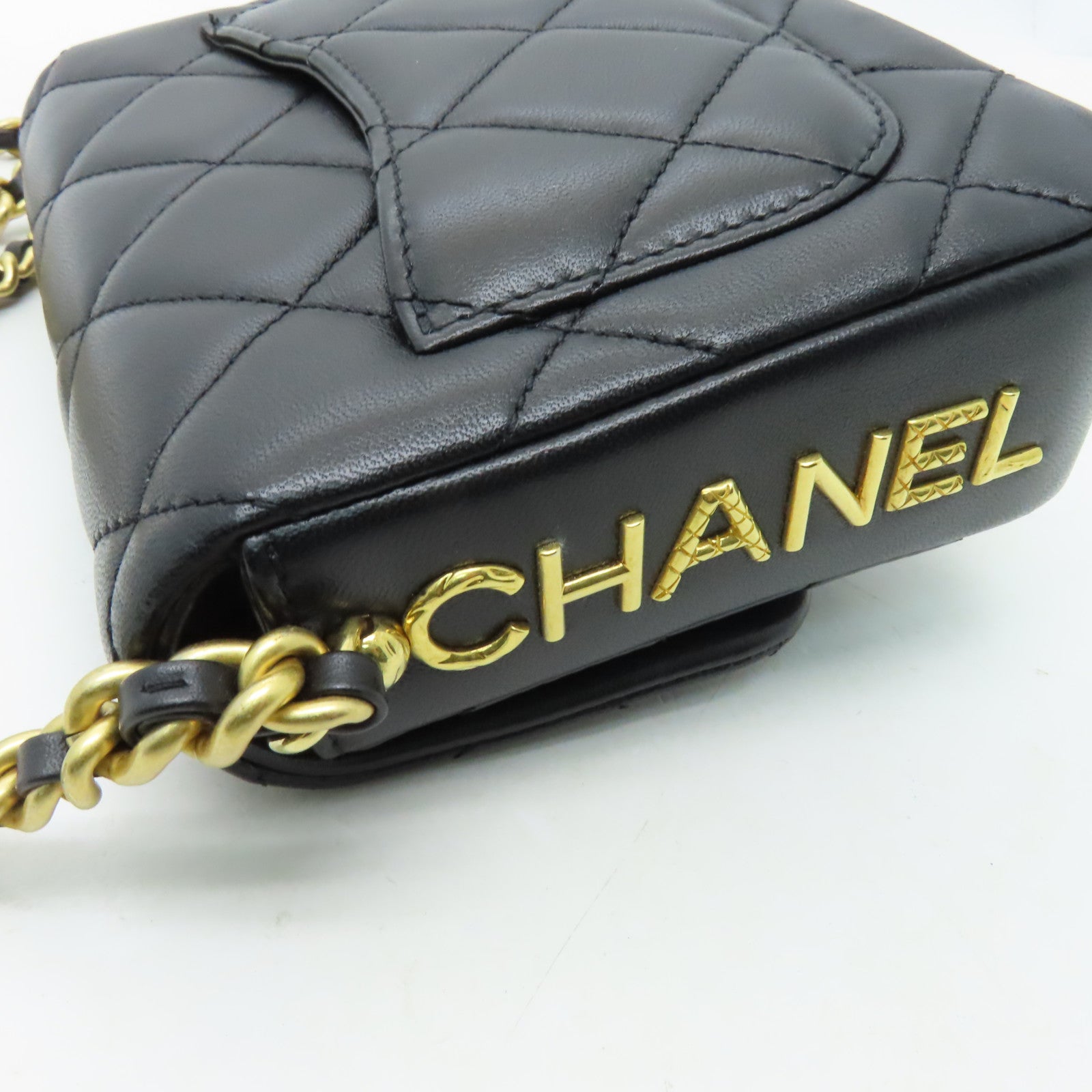 CHANEL 菱格羊皮皮革Chain Shoulder Bag金扣鏈帶肩背袋黒色