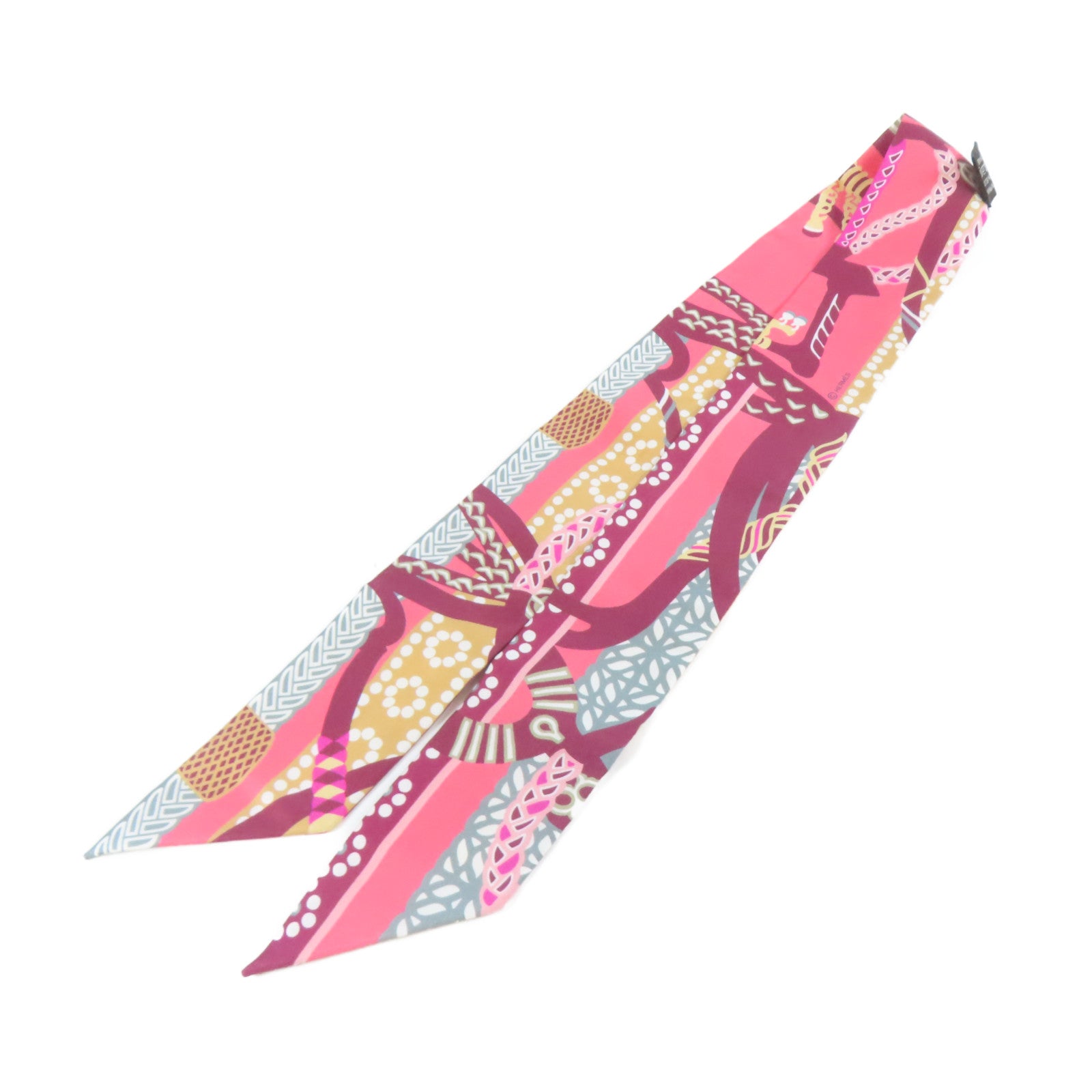 HERMES 絲質Twilly絲巾粉紅色/紅色/啡色