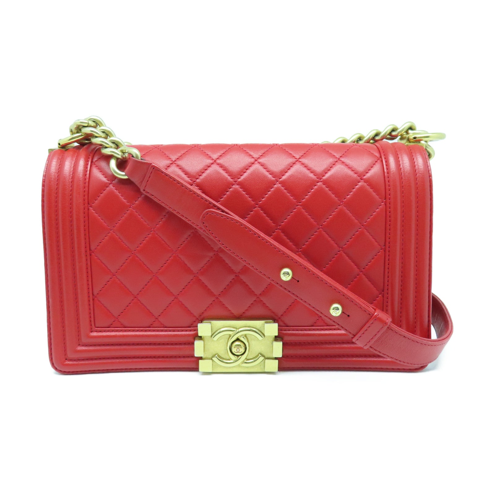 CHANEL 【激減優惠】菱格羊皮皮革Chain Shoulder金扣鏈帶肩背袋紅色