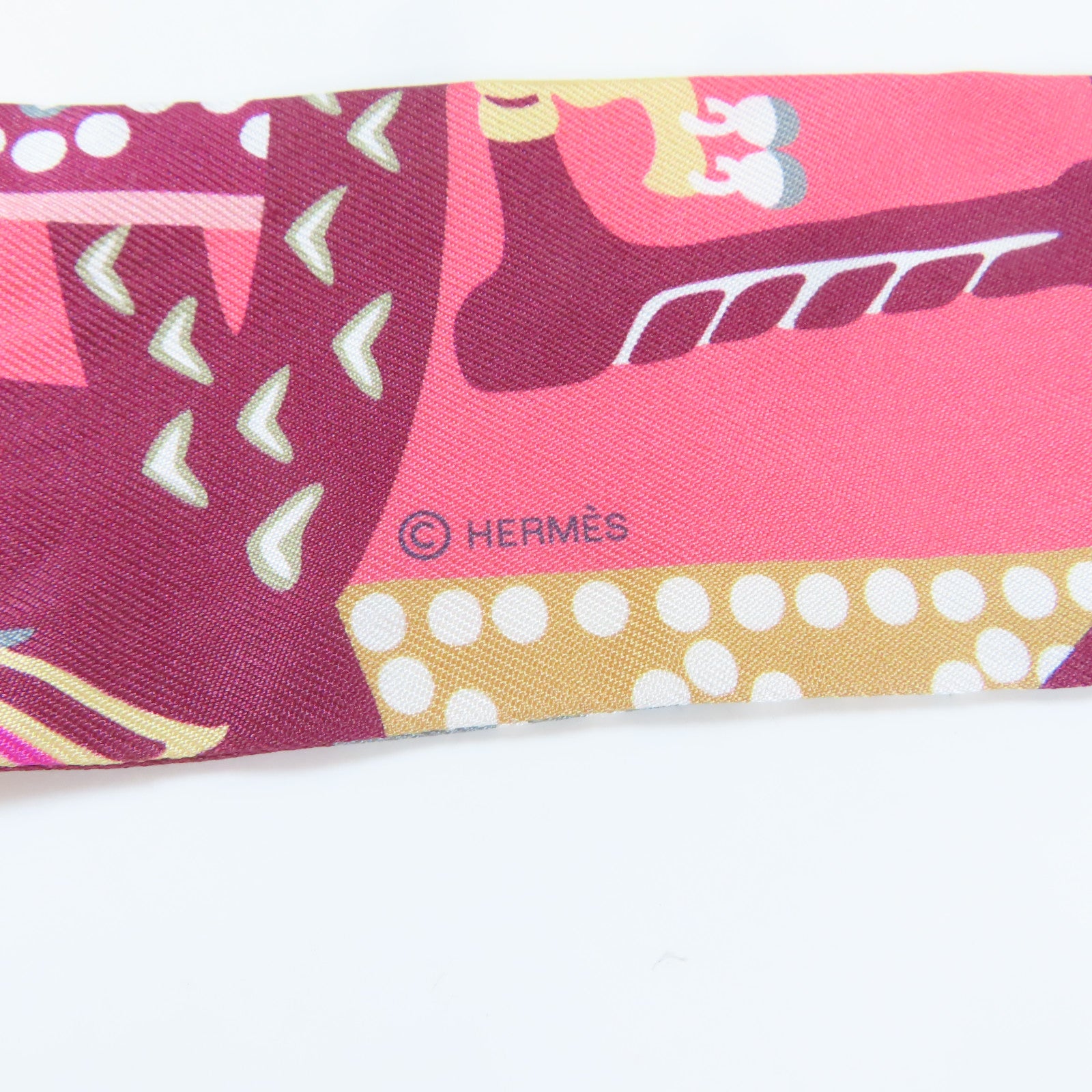 HERMES 絲質Twilly絲巾粉紅色/紅色/啡色