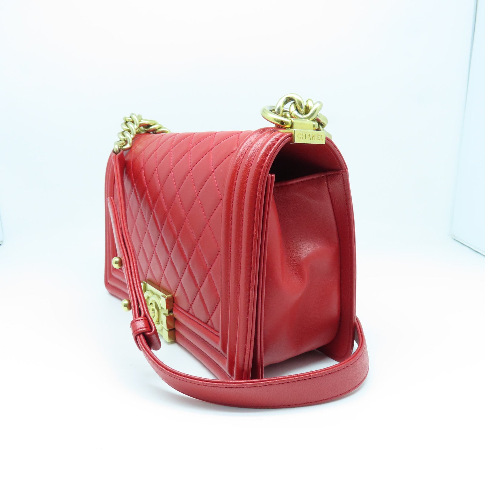 CHANEL 【激減優惠】菱格羊皮皮革Chain Shoulder金扣鏈帶肩背袋紅色