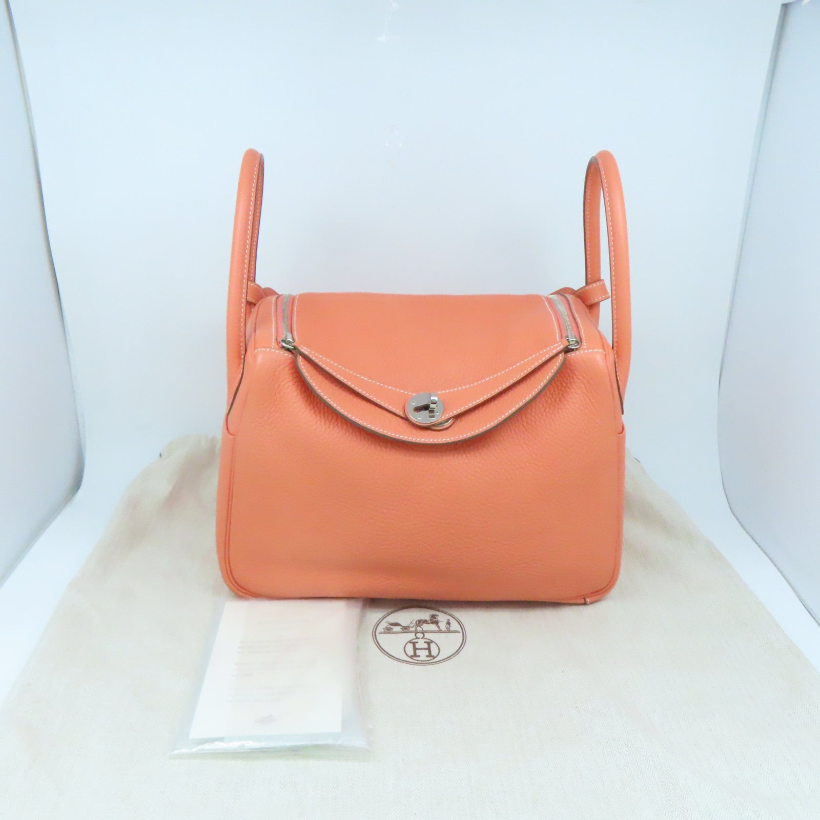 HERMES Clemence Leather Lindy 30 Silver Buckle Shoulder Bag Flamingo Pink