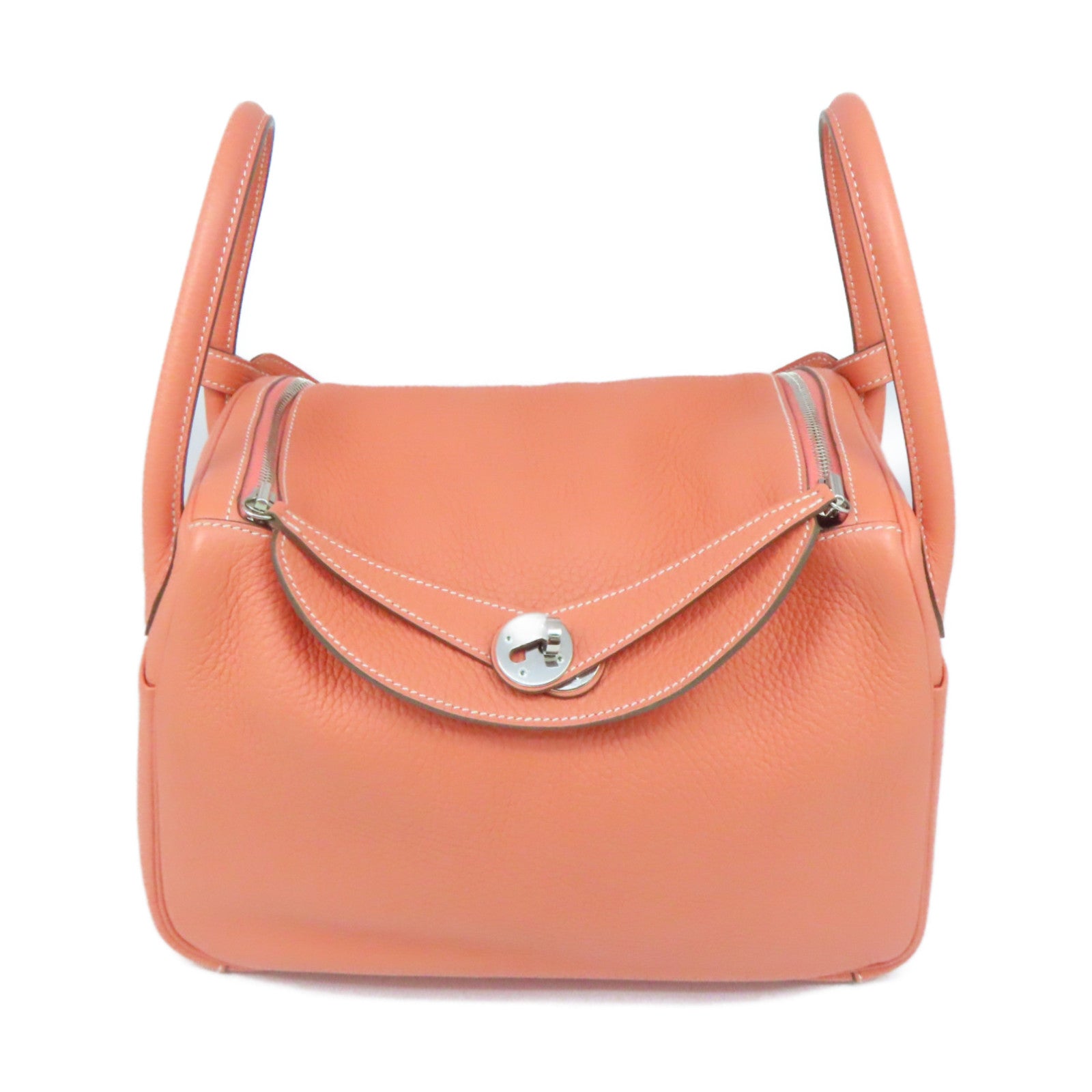 HERMES Clemence Leather Lindy 30 Silver Buckle Shoulder Bag Flamingo Pink
