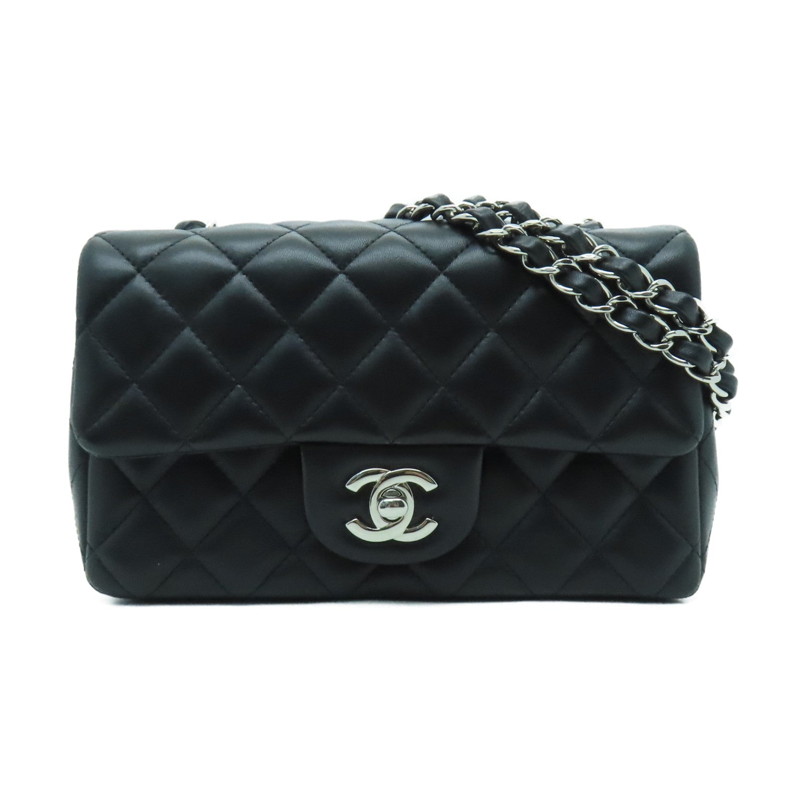 CHANEL 菱格羊皮皮革Classic 20cm銀扣鏈帶肩背袋黑色