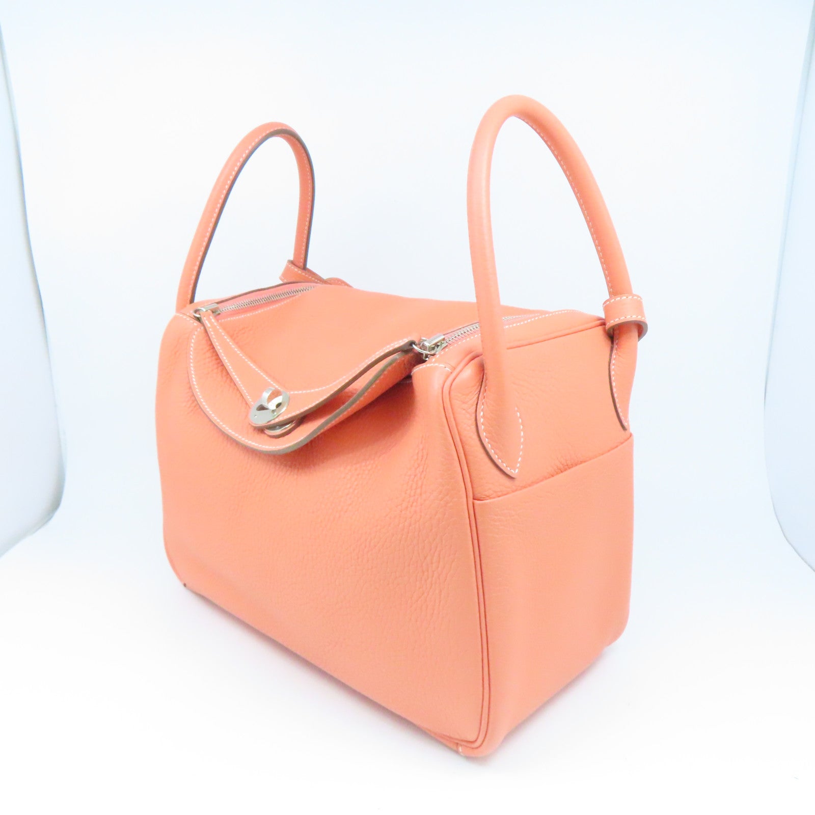 HERMES Clemence Leather Lindy 30 Silver Buckle Shoulder Bag Flamingo Pink