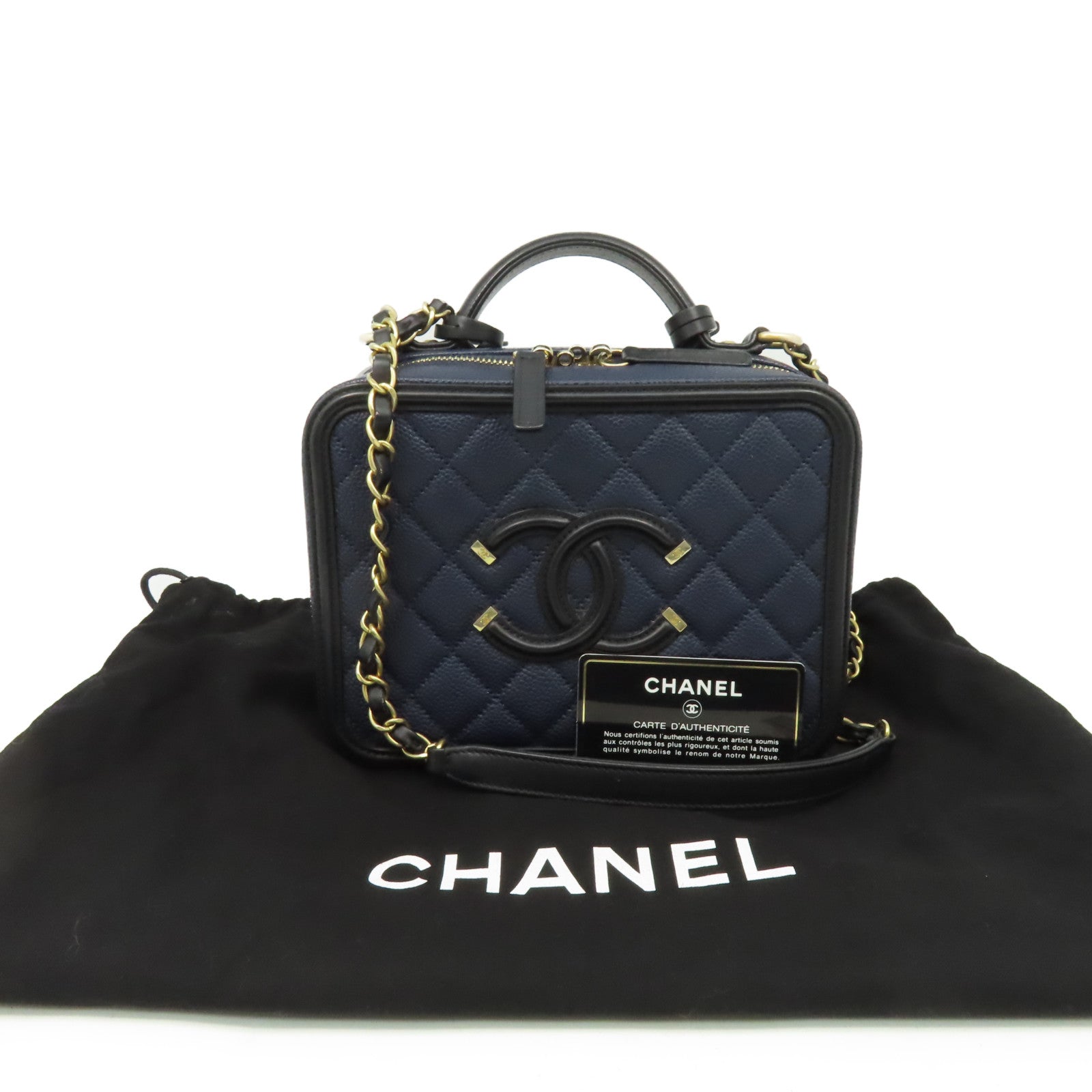 CHANEL 菱格Caviar皮革Vanity Case Chain Shoulder Bag金扣鏈帶手挽肩背兩用袋寶藍色