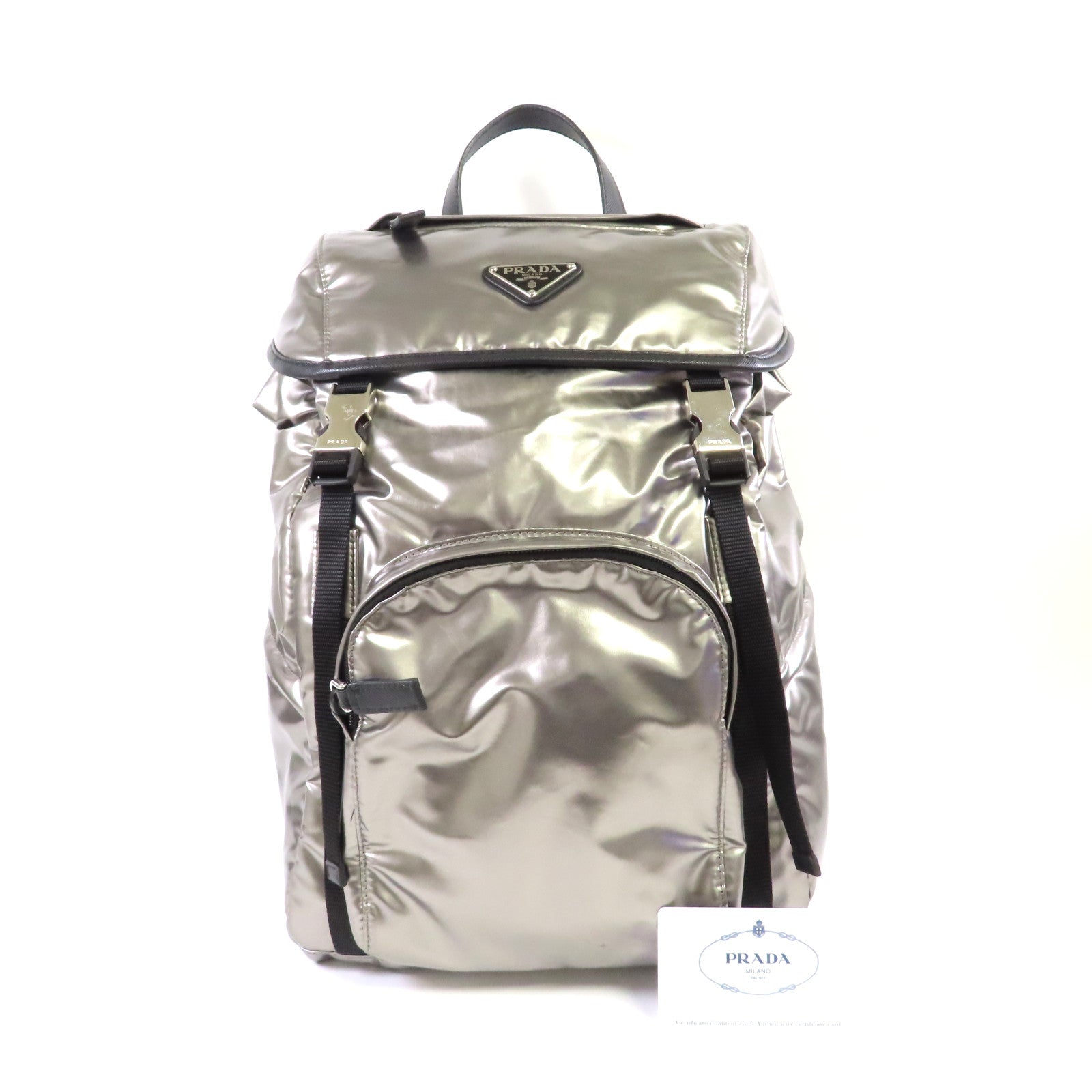 PRADA 尼龍Backpack銀扣背包銀色