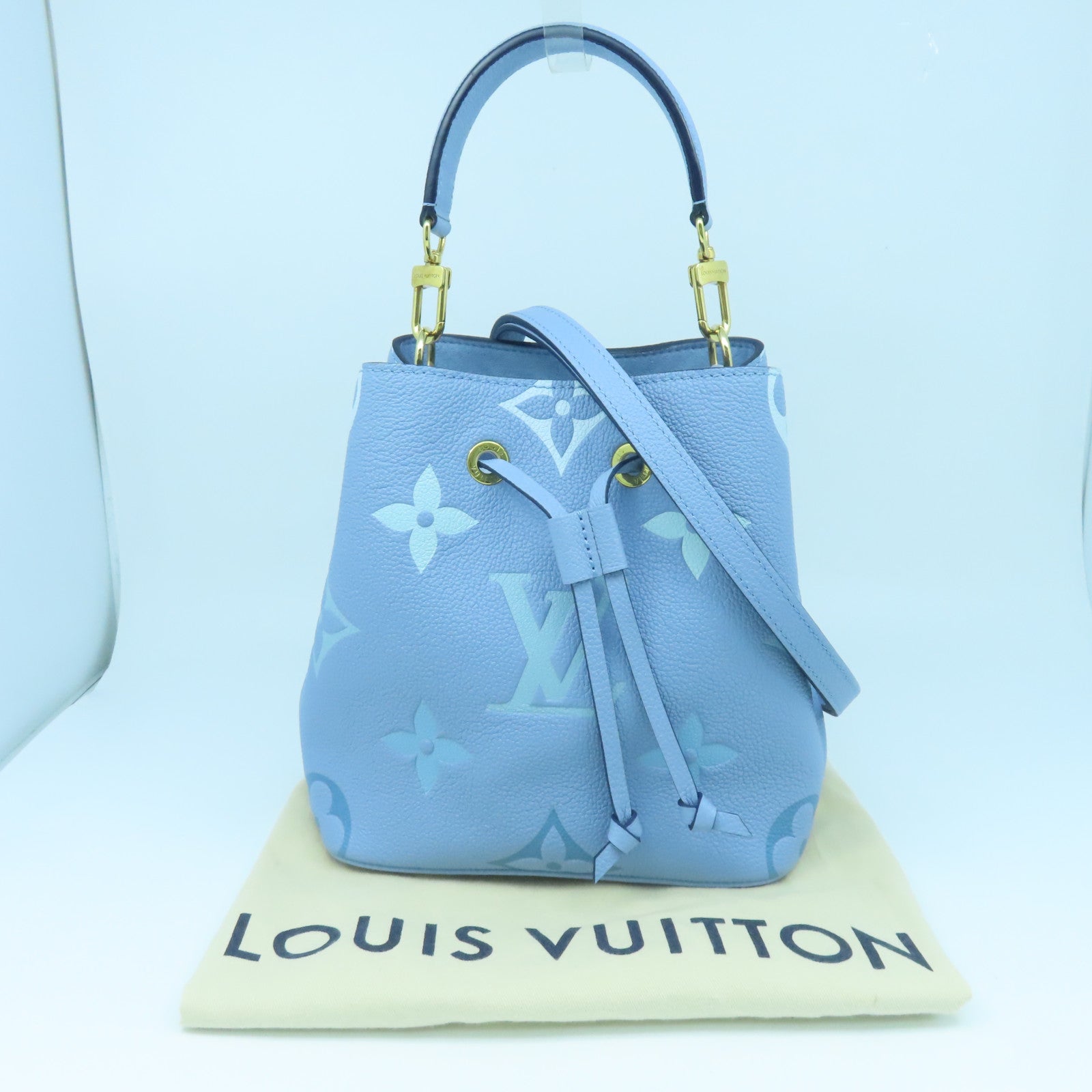 LOUIS VUITTON Monogram Empreinte Noe BB gold buckle handle shoulder bag dual-use summer blue