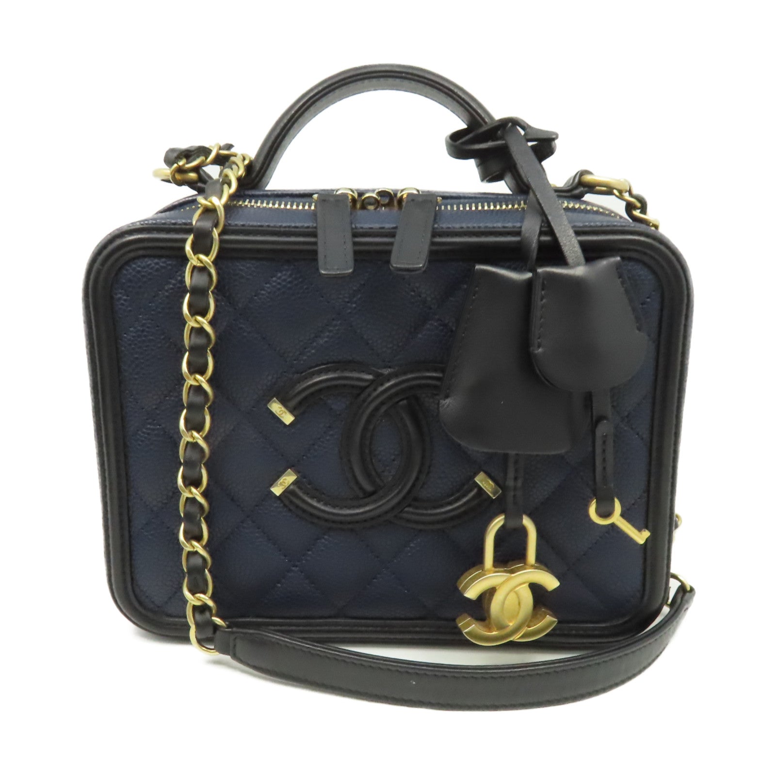 CHANEL 菱格Caviar皮革Vanity Case Chain Shoulder Bag金扣鏈帶手挽肩背兩用袋寶藍色