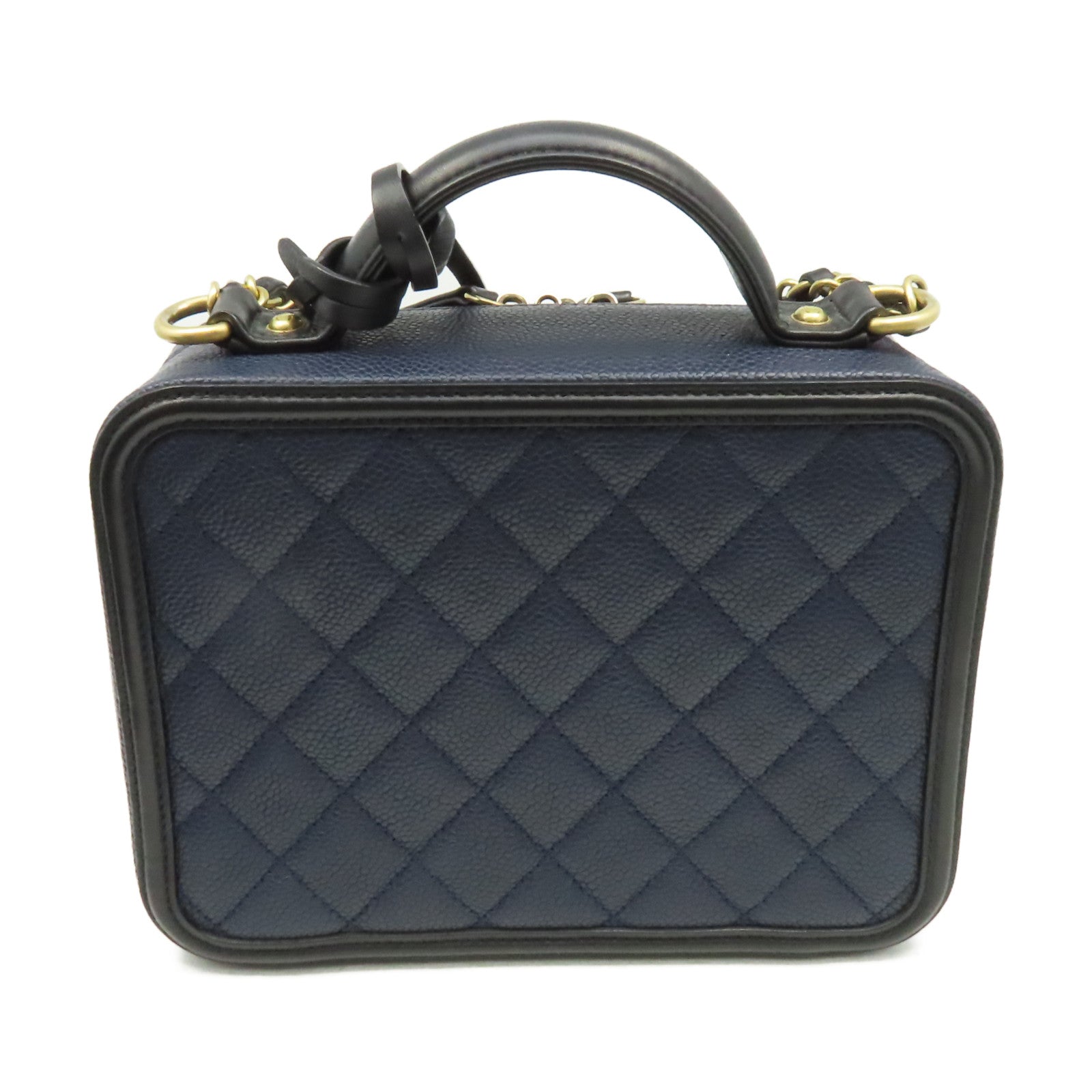 CHANEL 菱格Caviar皮革Vanity Case Chain Shoulder Bag金扣鏈帶手挽肩背兩用袋寶藍色