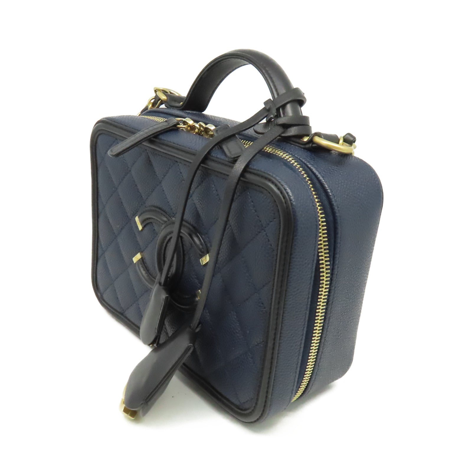 CHANEL 菱格Caviar皮革Vanity Case Chain Shoulder Bag金扣鏈帶手挽肩背兩用袋寶藍色
