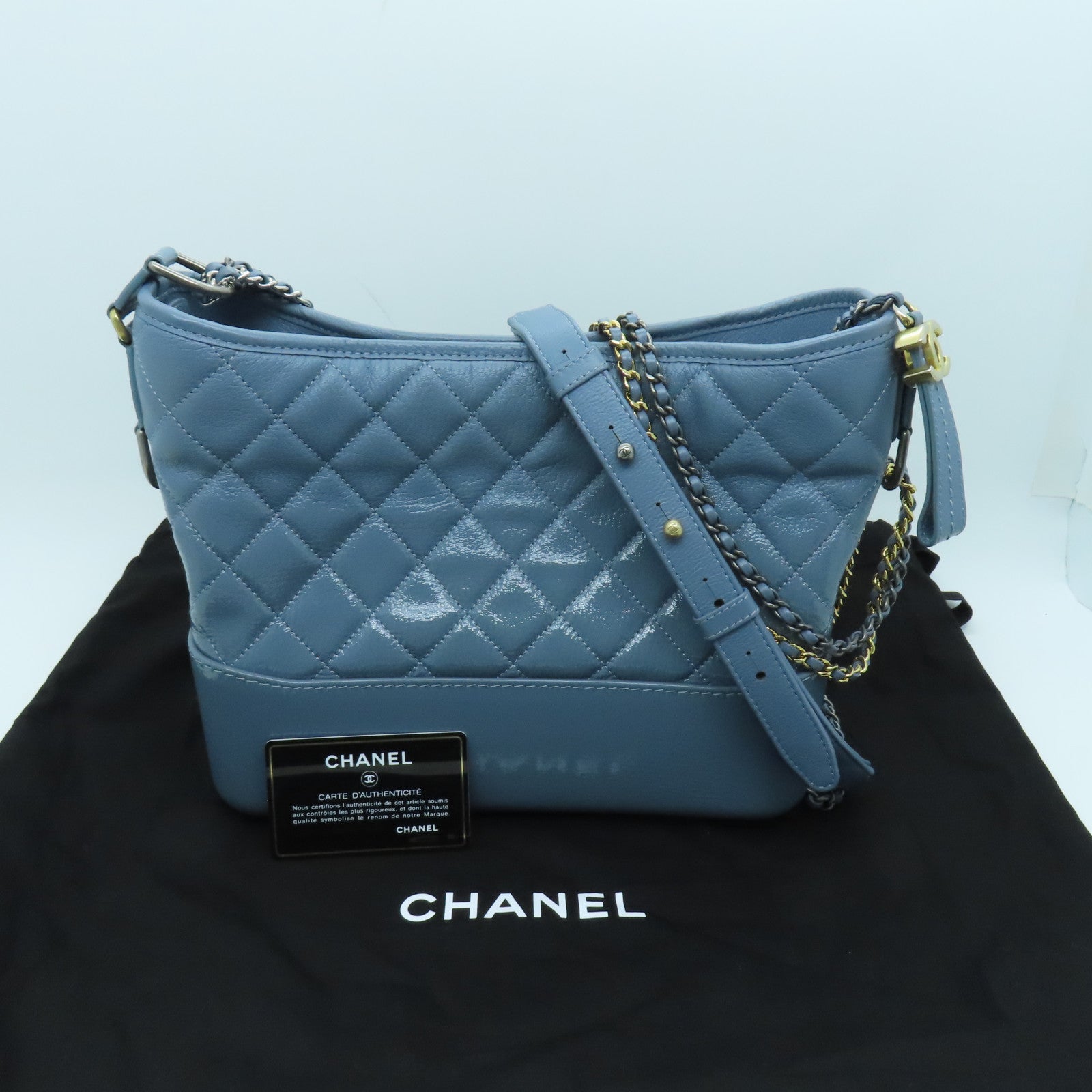 CHANEL rhombic cowhide leather Gabrielle gold buckle / silver buckle chain shoulder bag light blue