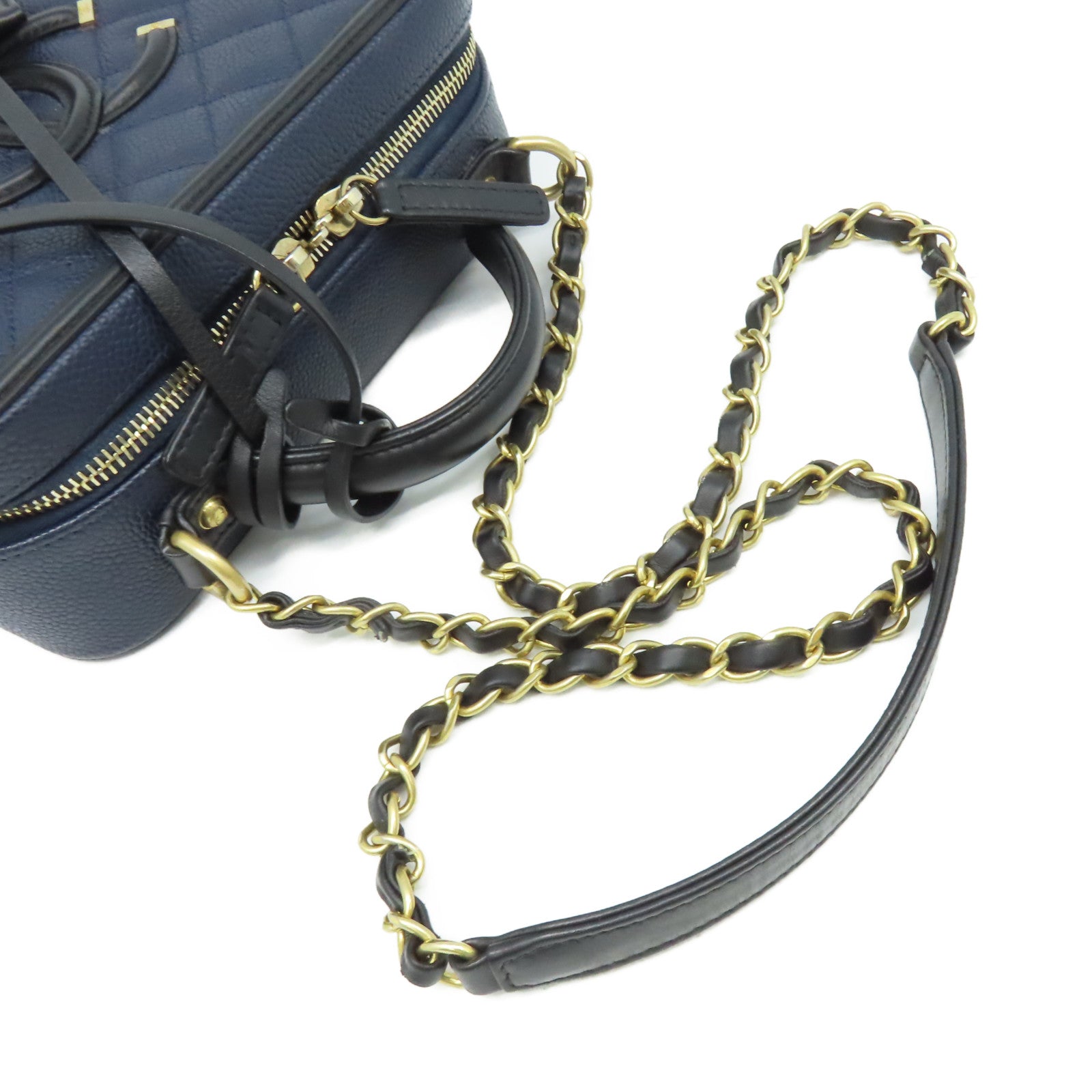 CHANEL 菱格Caviar皮革Vanity Case Chain Shoulder Bag金扣鏈帶手挽肩背兩用袋寶藍色