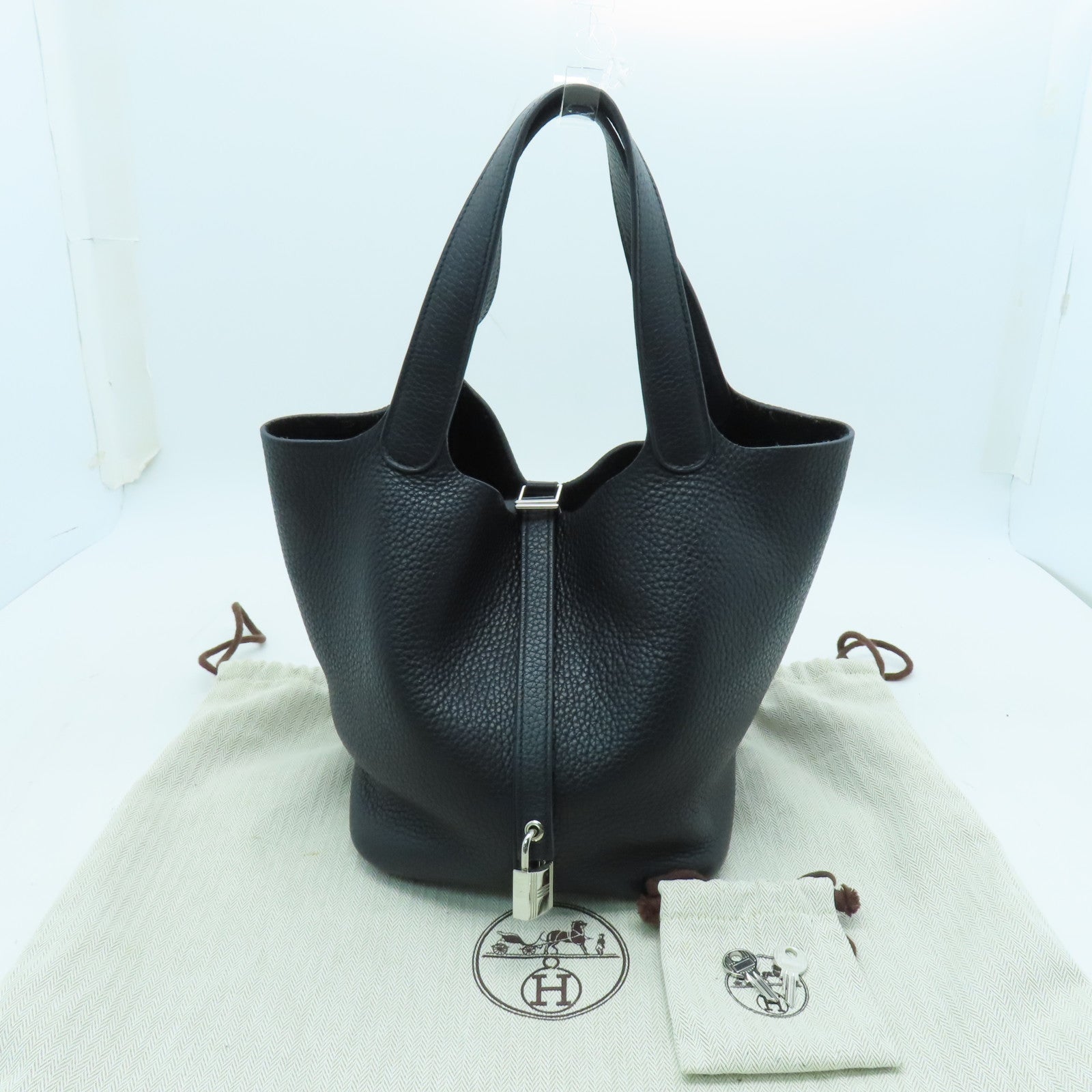 HERMES Clemence Leather Picotin MM Silver Buckle Hand Bag Noir/Black