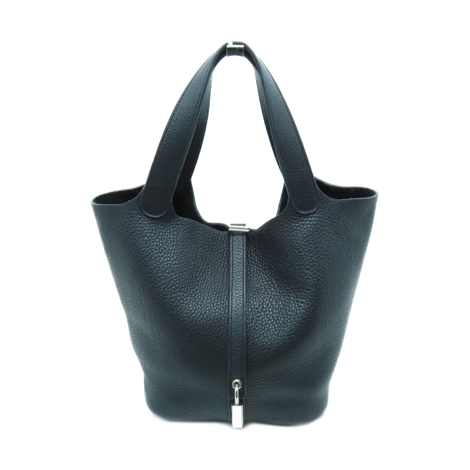 HERMES Clemence Leather Picotin MM Silver Buckle Hand Bag Noir/Black