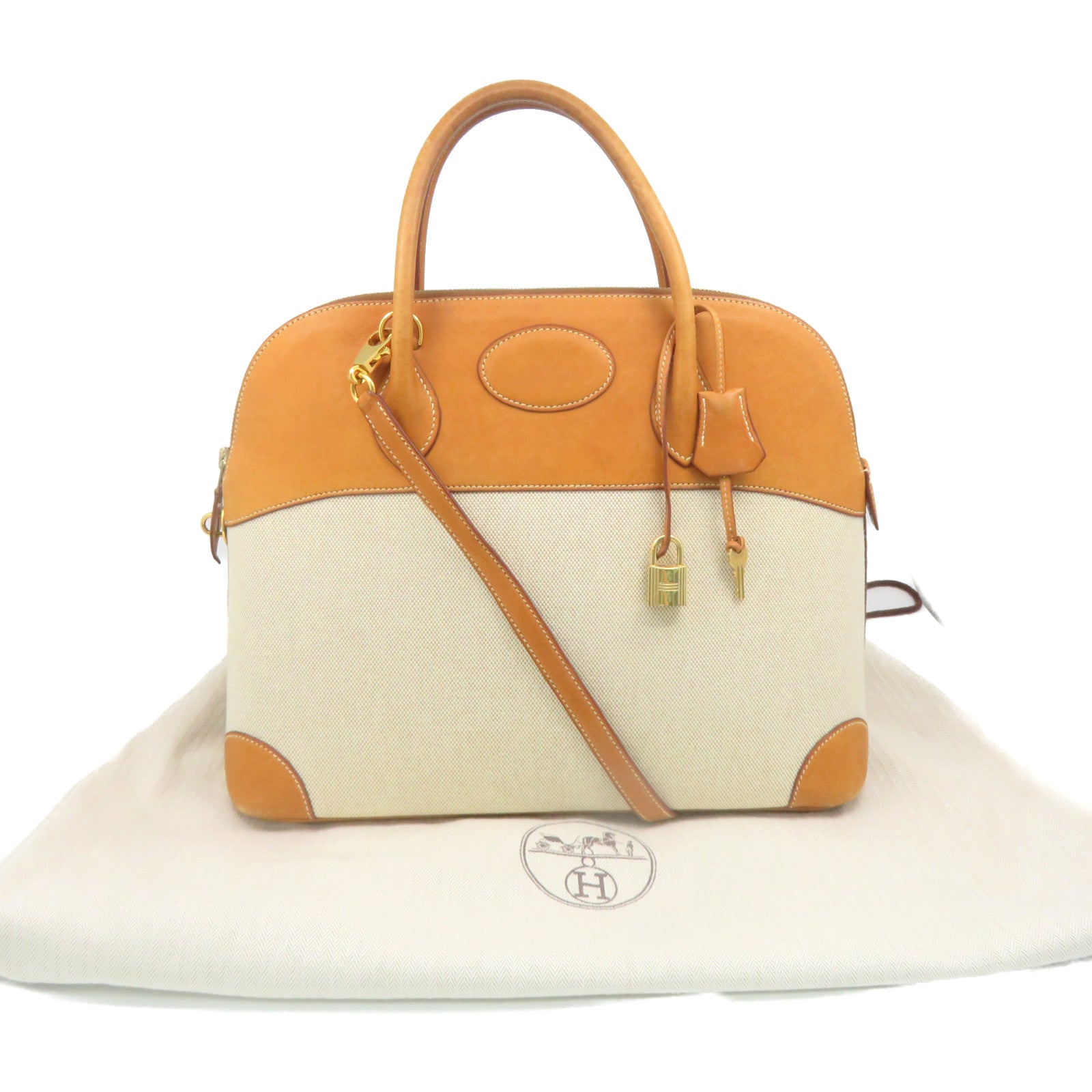 HERMES 帆布/牛皮皮革Bolide 35 2Way Shoulder Bag金扣手挽肩背兩用袋杏色