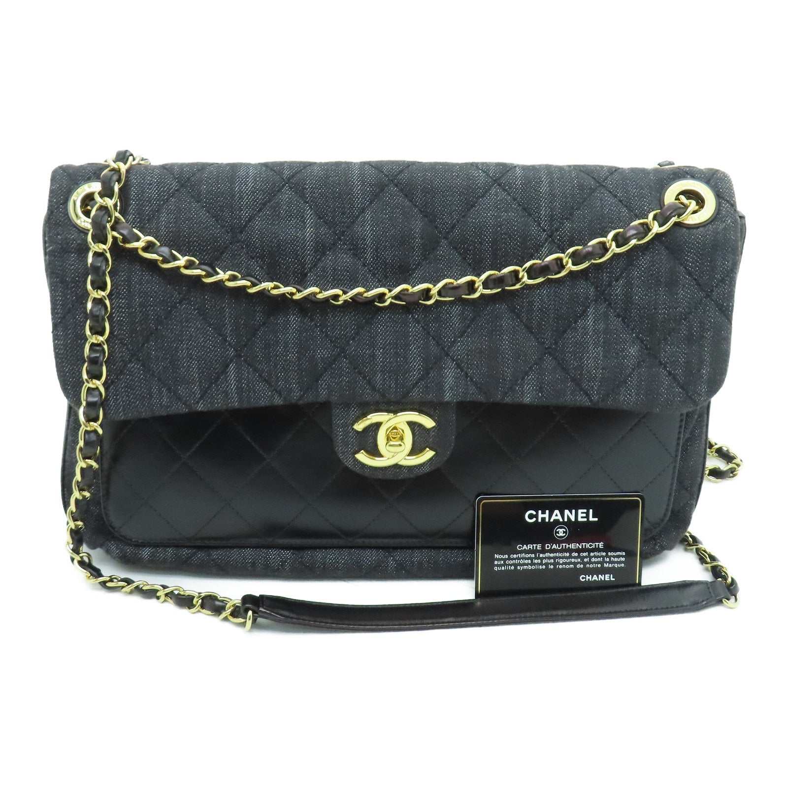 CHANEL 菱格牛仔布/皮革Chain Shoulder金扣鏈帶肩背袋黑色