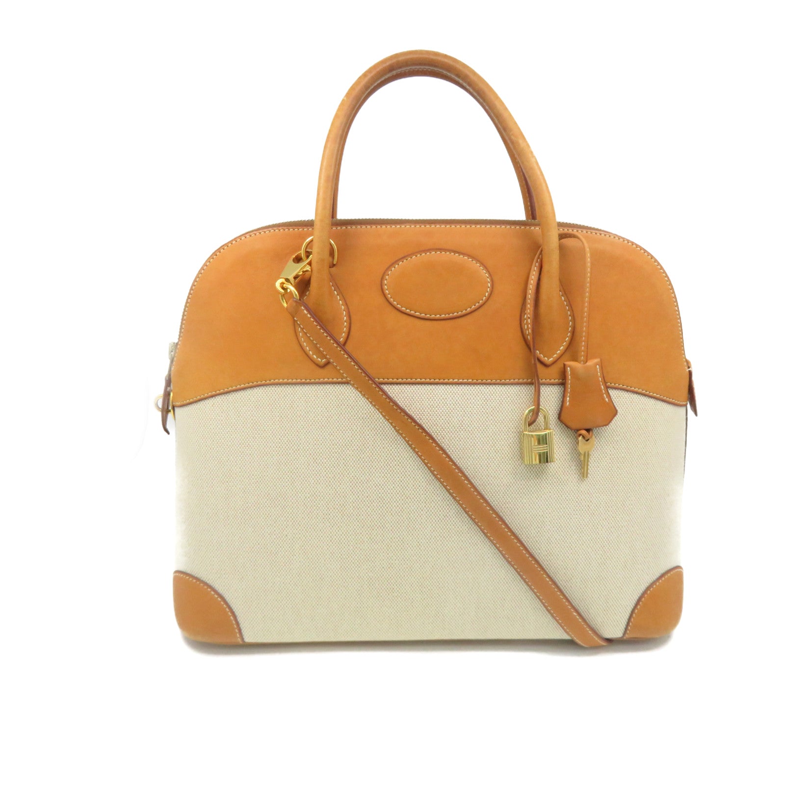 HERMES 帆布/牛皮皮革Bolide 35 2Way Shoulder Bag金扣手挽肩背兩用袋杏色