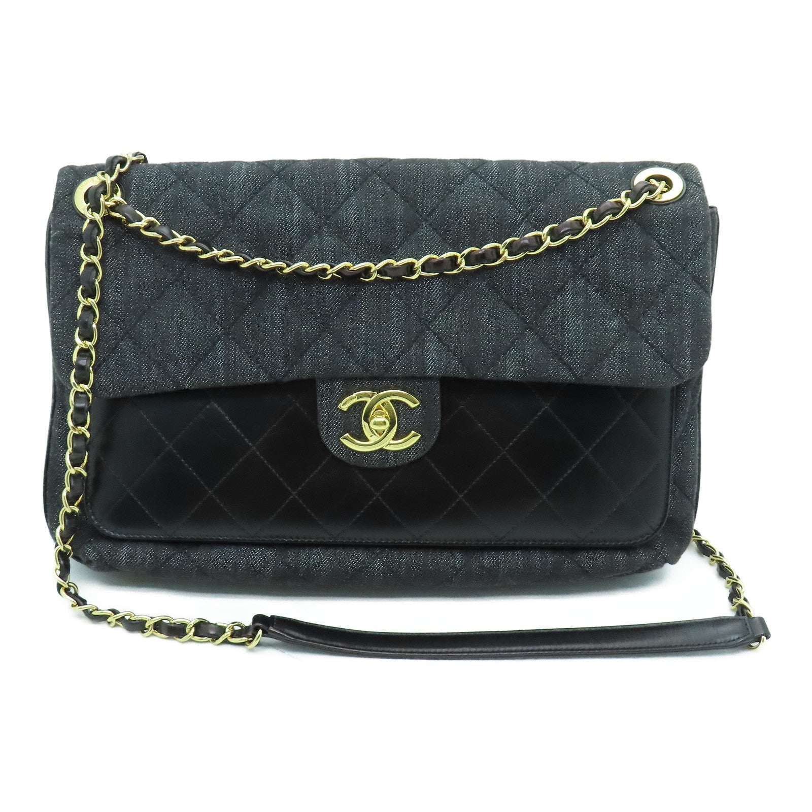 CHANEL 菱格牛仔布/皮革Chain Shoulder金扣鏈帶肩背袋黑色