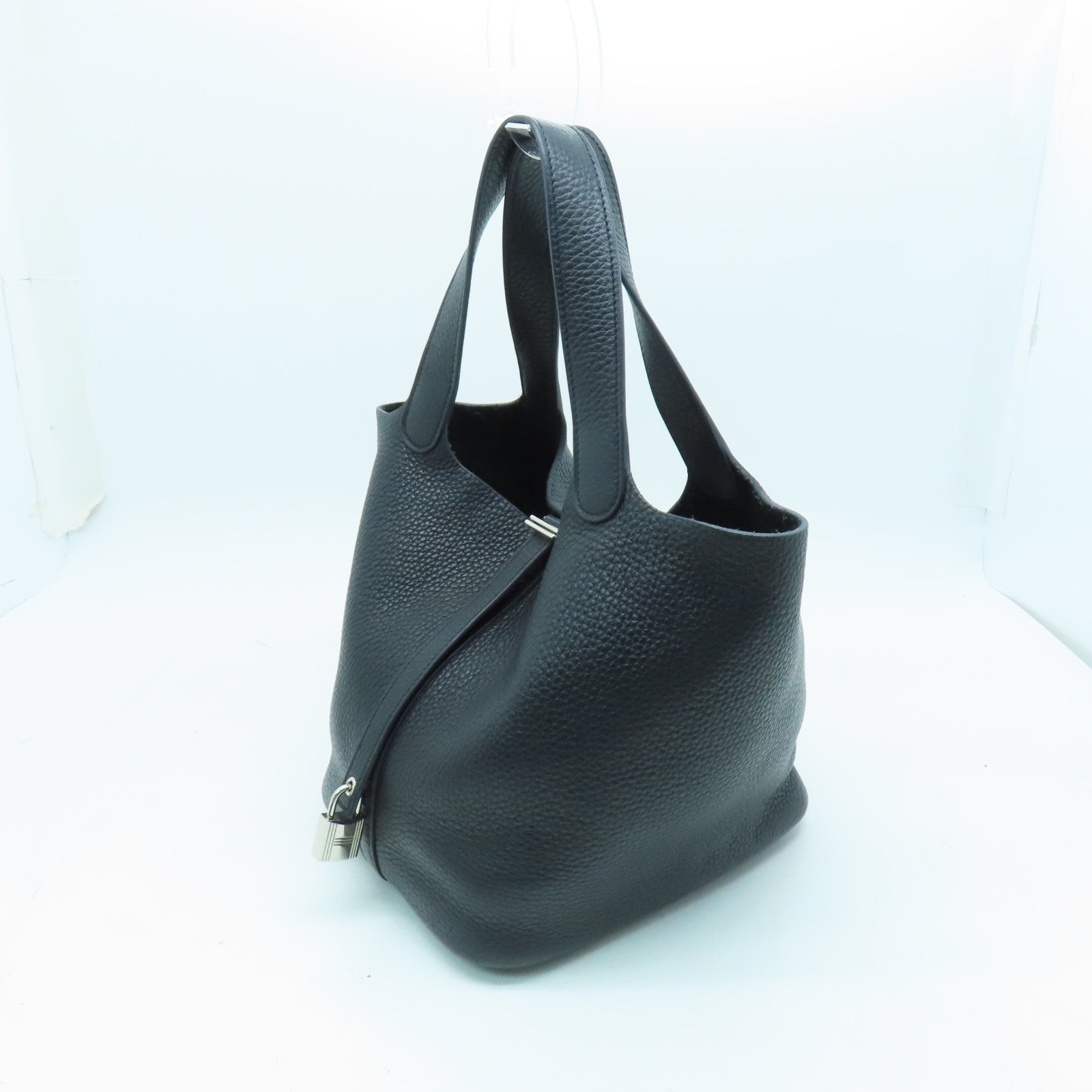 HERMES Clemence Leather Picotin MM Silver Buckle Hand Bag Noir/Black