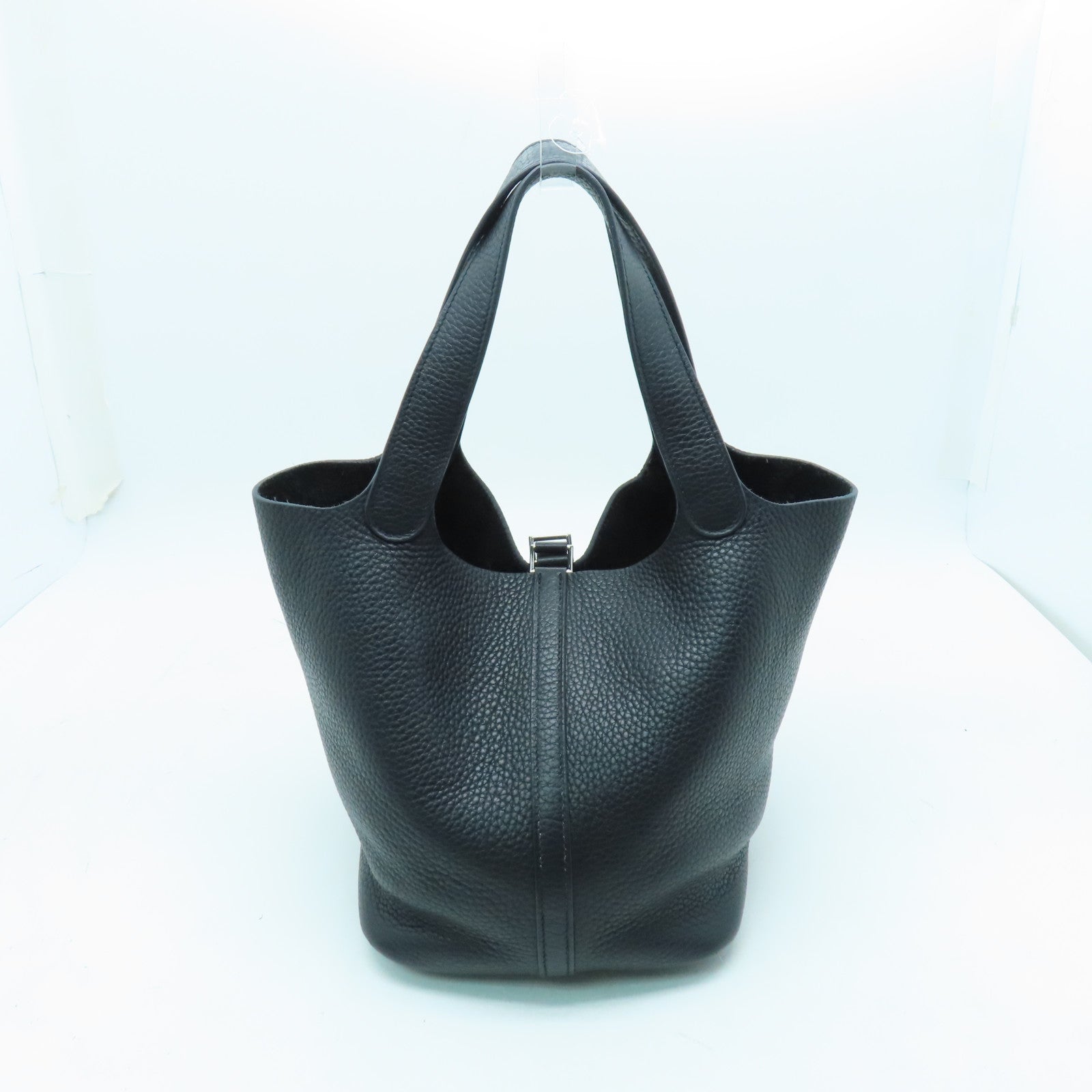 HERMES Clemence Leather Picotin MM Silver Buckle Hand Bag Noir/Black