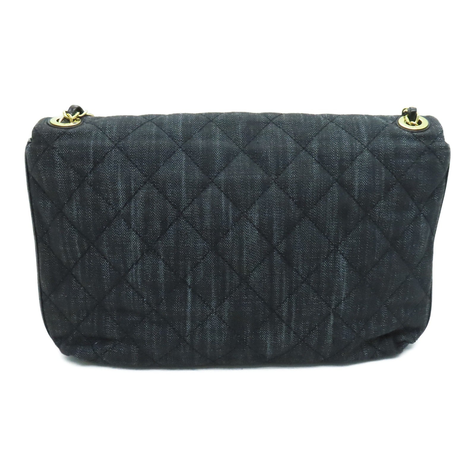 CHANEL 菱格牛仔布/皮革Chain Shoulder金扣鏈帶肩背袋黑色