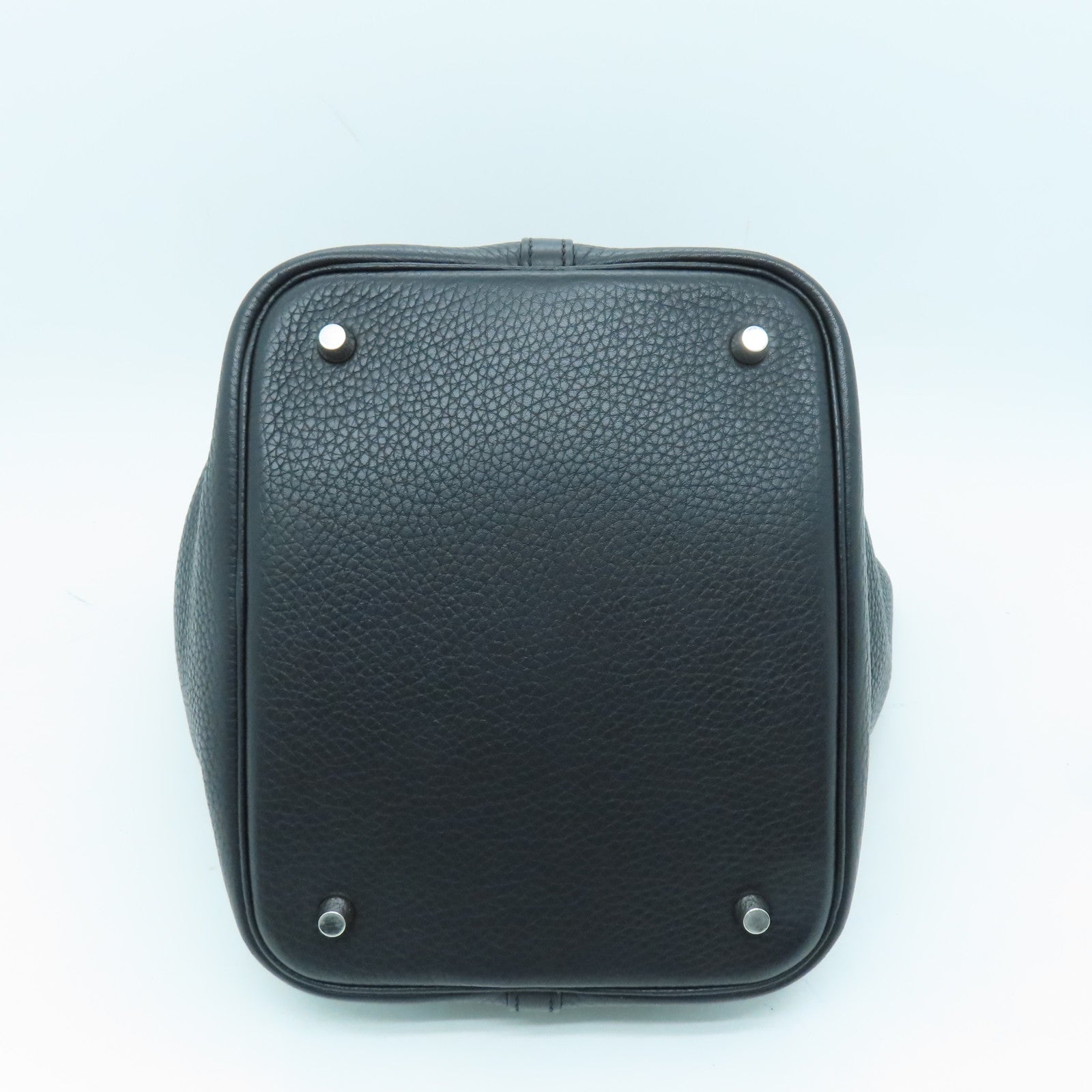 HERMES Clemence Leather Picotin MM Silver Buckle Hand Bag Noir/Black