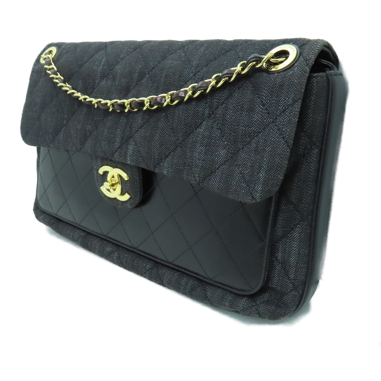 CHANEL 菱格牛仔布/皮革Chain Shoulder金扣鏈帶肩背袋黑色