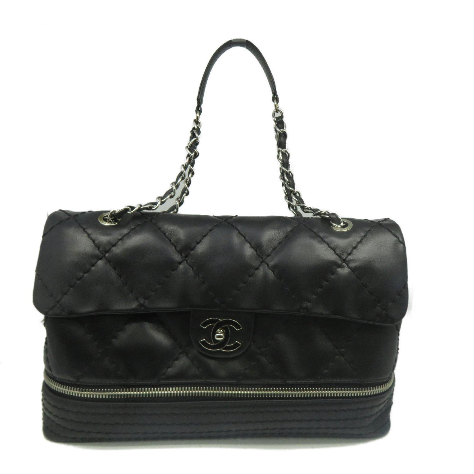 CHANEL 菱格牛皮皮革Chain Shoulder銀扣鏈帶肩背袋黑色