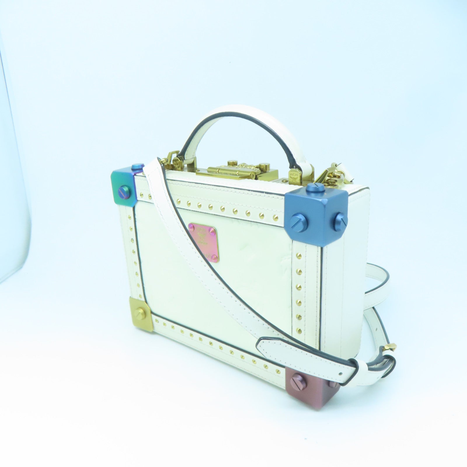 MCM Leather Berlin Box Gold Buckle Shoulder Bag White