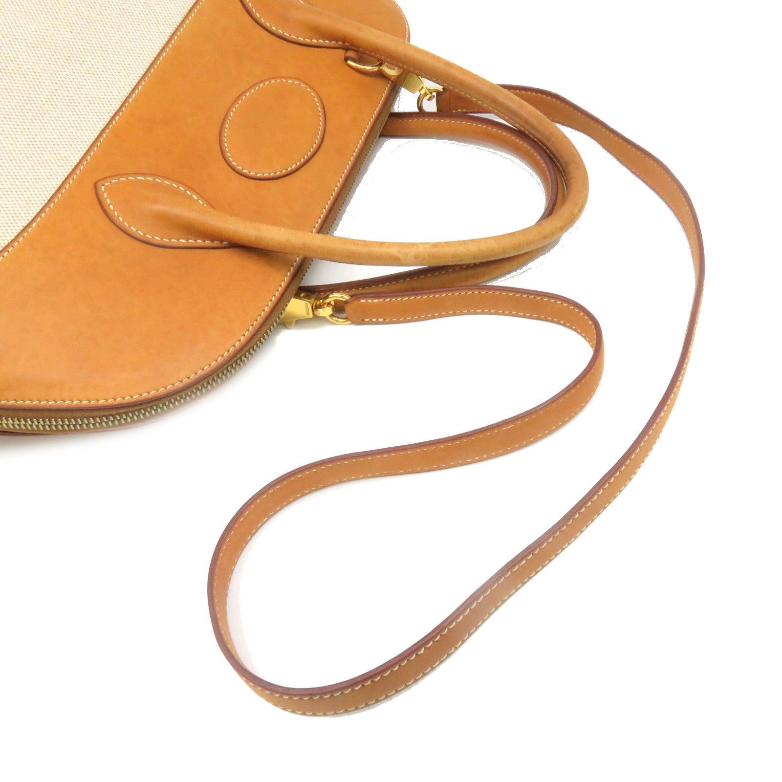 HERMES 帆布/牛皮皮革Bolide 35 2Way Shoulder Bag金扣手挽肩背兩用袋杏色