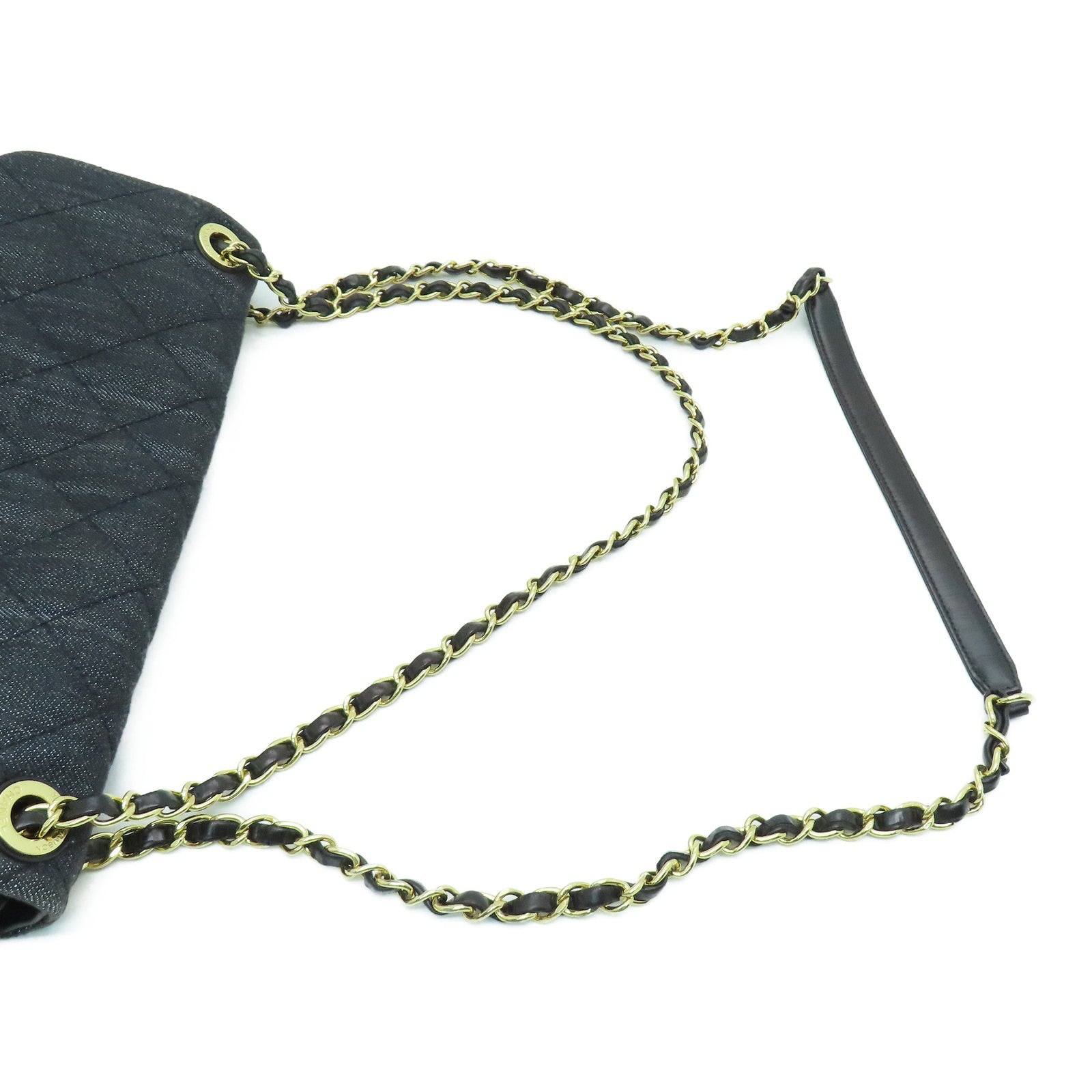 CHANEL 菱格牛仔布/皮革Chain Shoulder金扣鏈帶肩背袋黑色