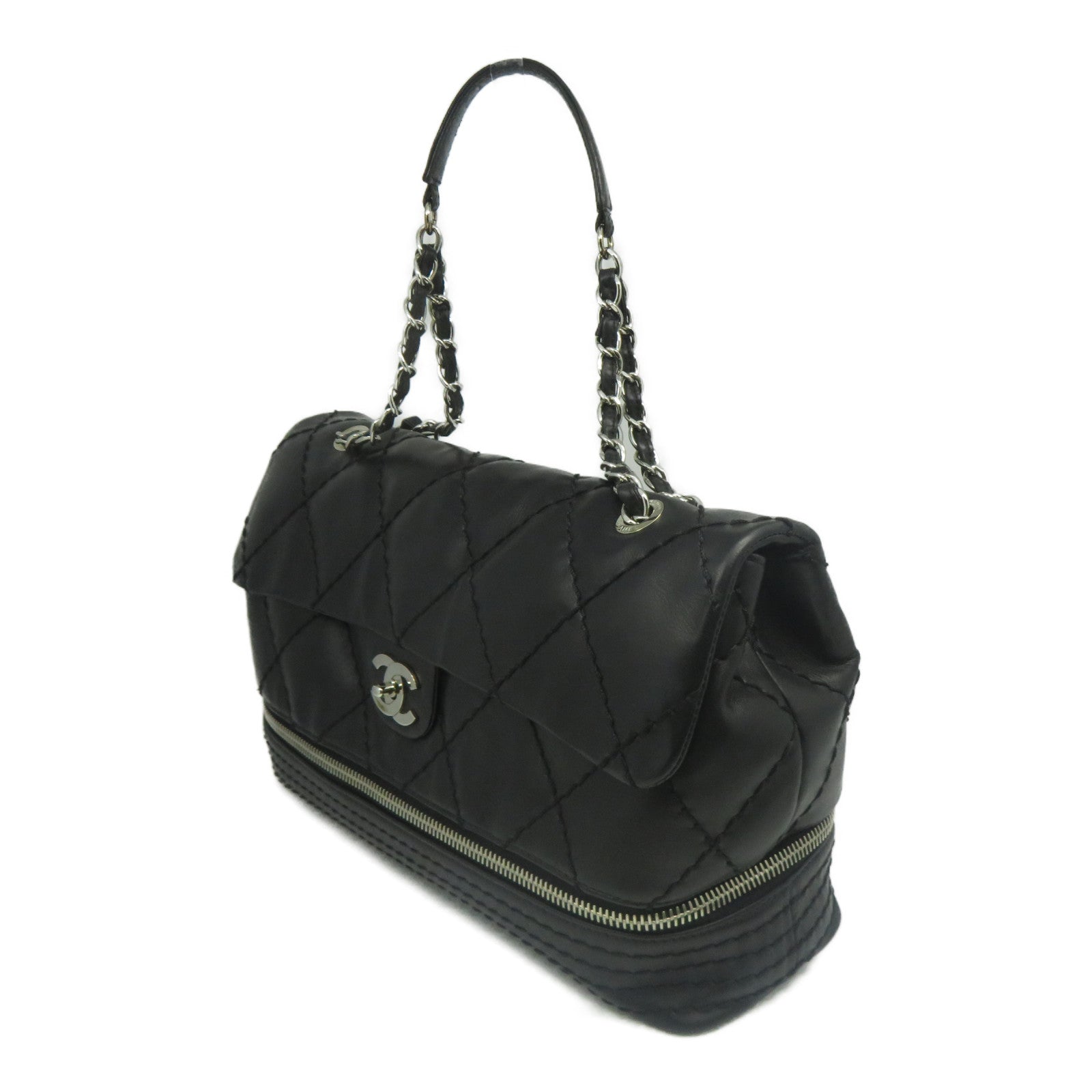 CHANEL 菱格牛皮皮革Chain Shoulder銀扣鏈帶肩背袋黑色
