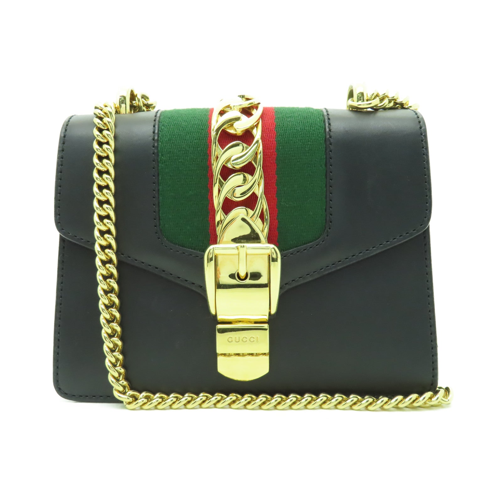 GUCCI 牛皮皮革Sylvie Mini金扣鏈帶肩背袋黑色
