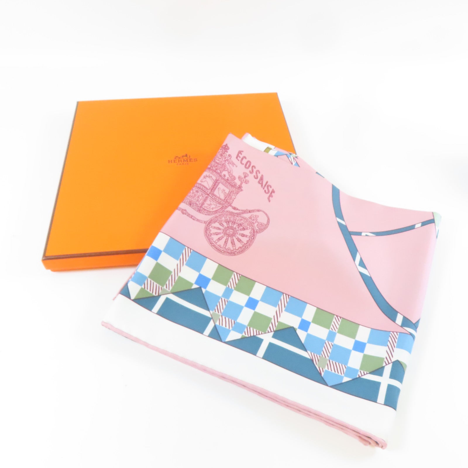 HERMES 絲質Scarf 90x90cm絲巾粉紅色/白色/淺藍色