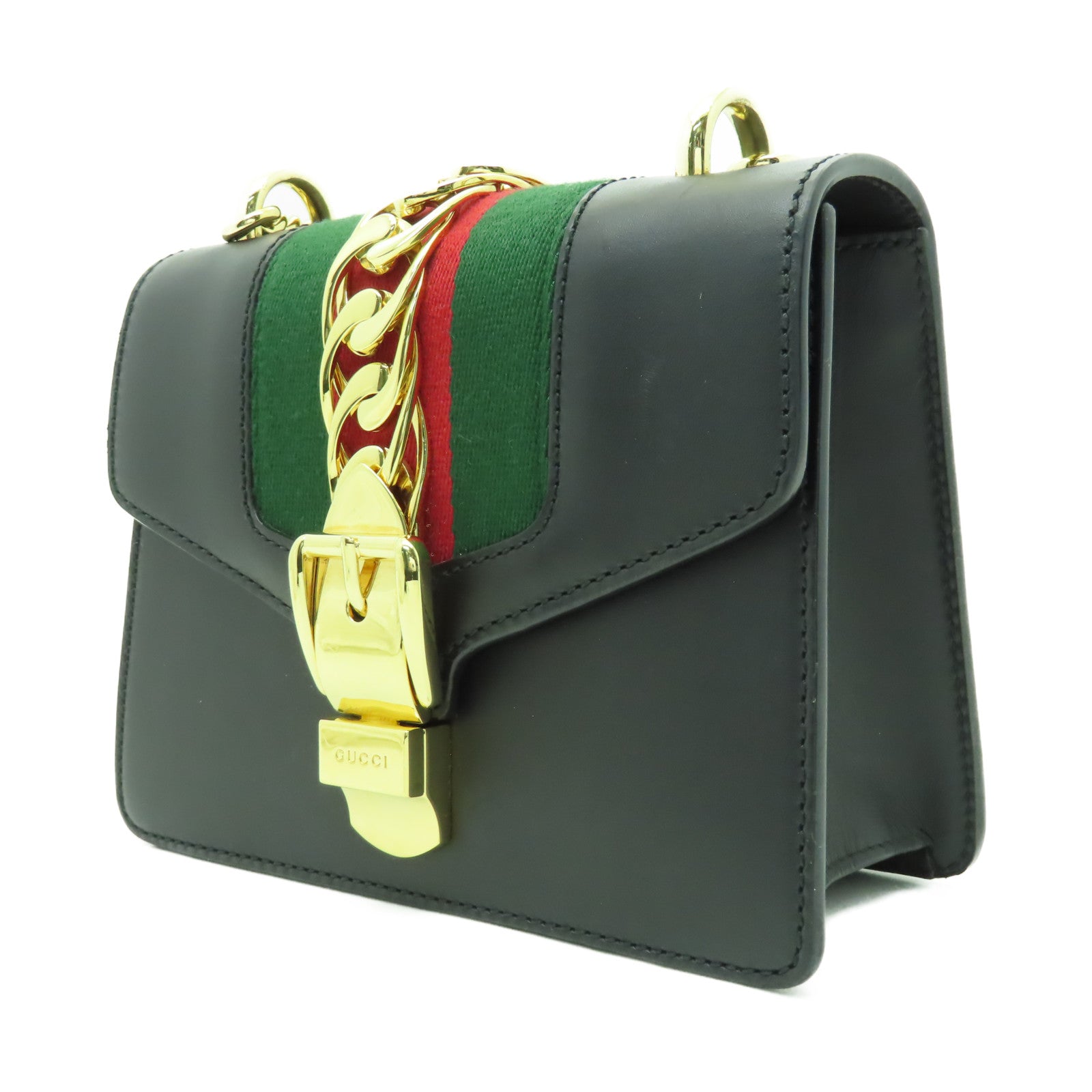 GUCCI 牛皮皮革Sylvie Mini金扣鏈帶肩背袋黑色
