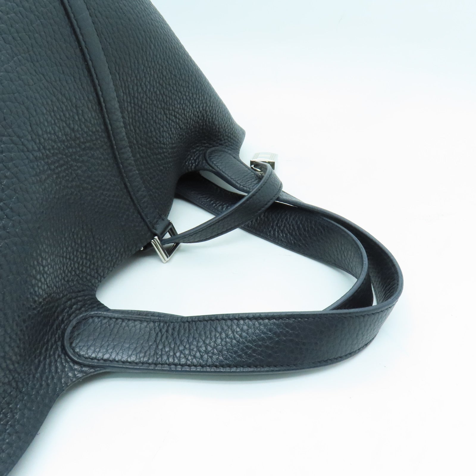 HERMES Clemence Leather Picotin MM Silver Buckle Hand Bag Noir/Black
