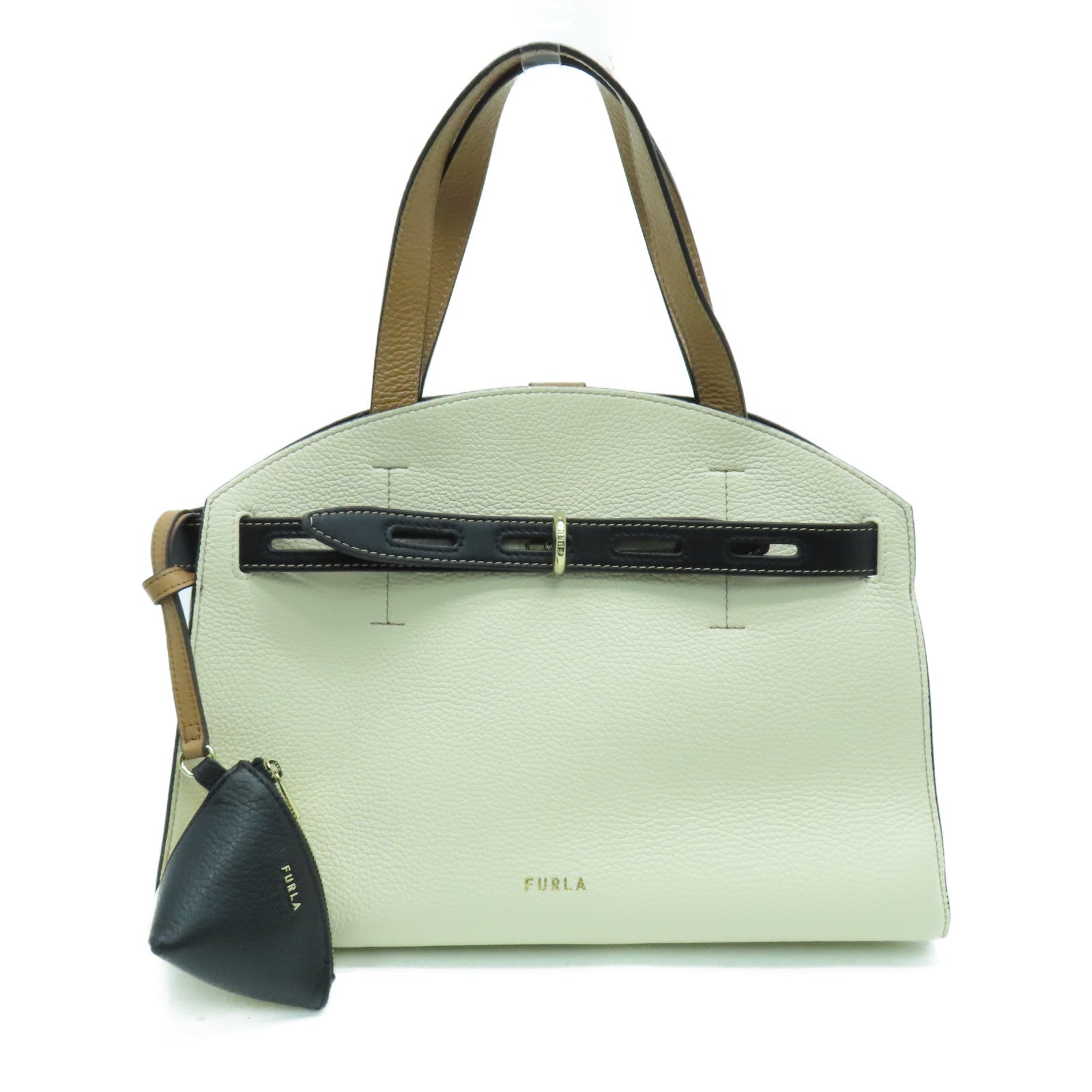 Furla 牛皮皮革Margherita金扣手挽袋白色/米色