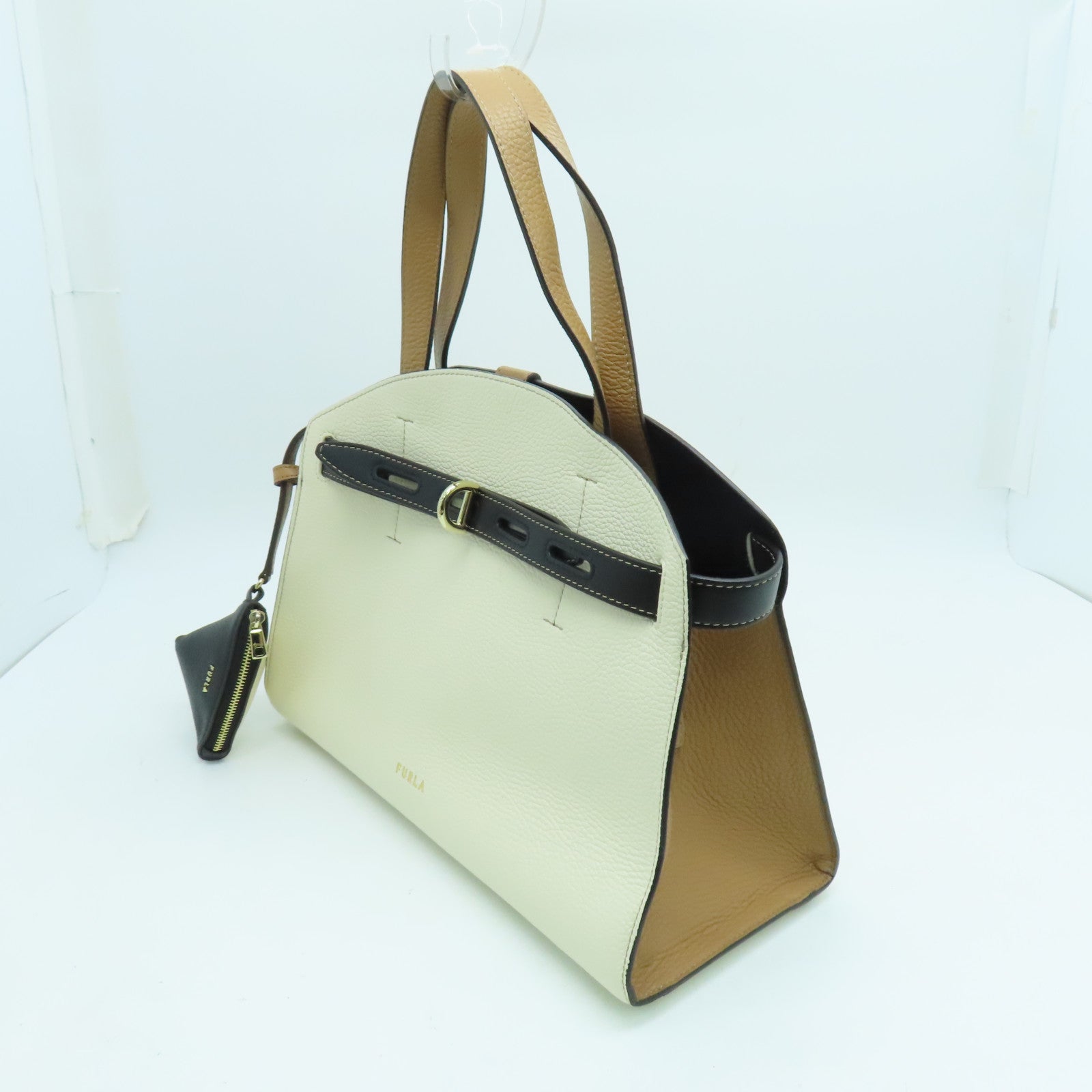 Furla 牛皮皮革Margherita金扣手挽袋白色/米色