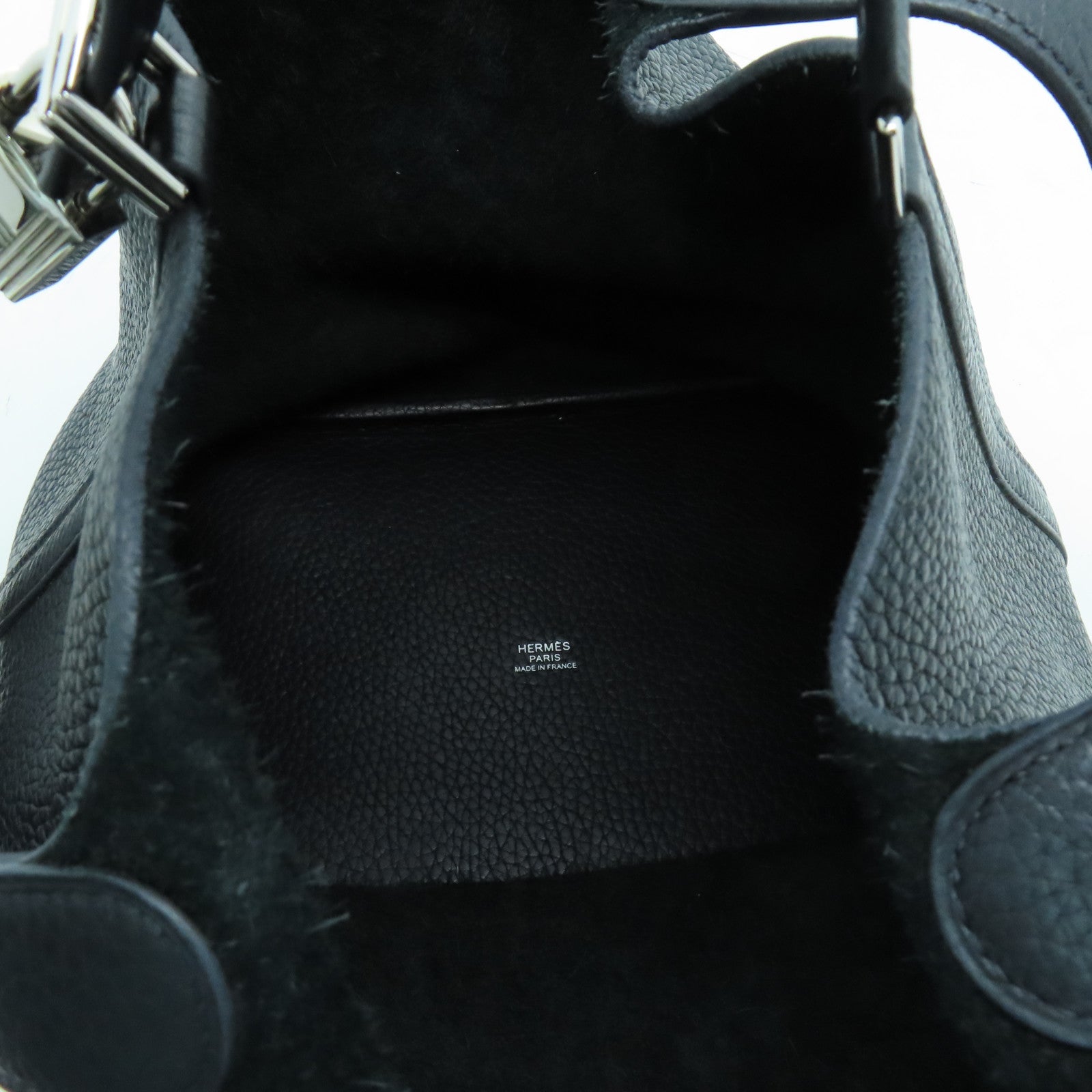 HERMES Clemence Leather Picotin MM Silver Buckle Hand Bag Noir/Black