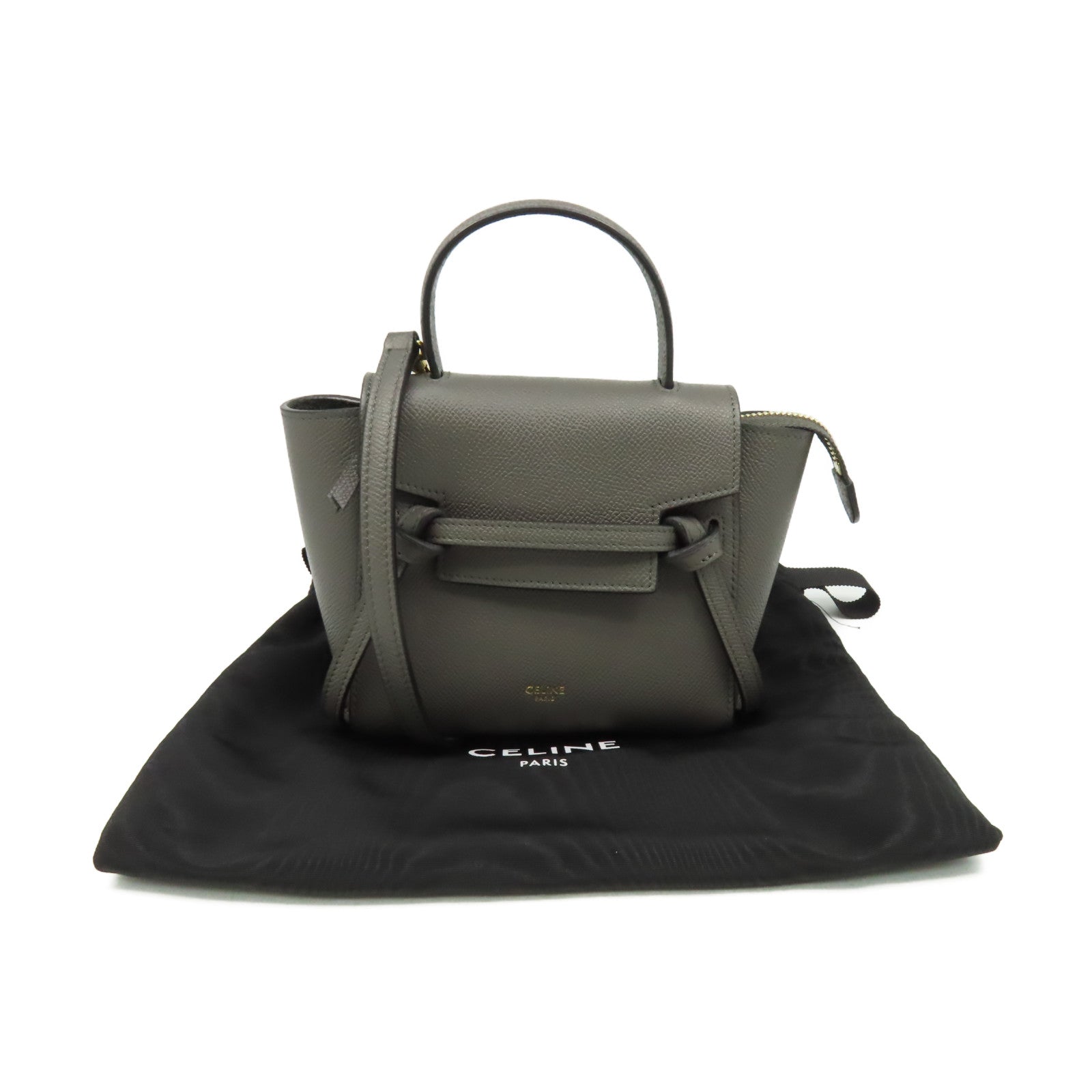 CELINE 牛皮皮革Pico Belt Bag 2Way Shoulder Bag金扣手挽肩背兩用袋灰色